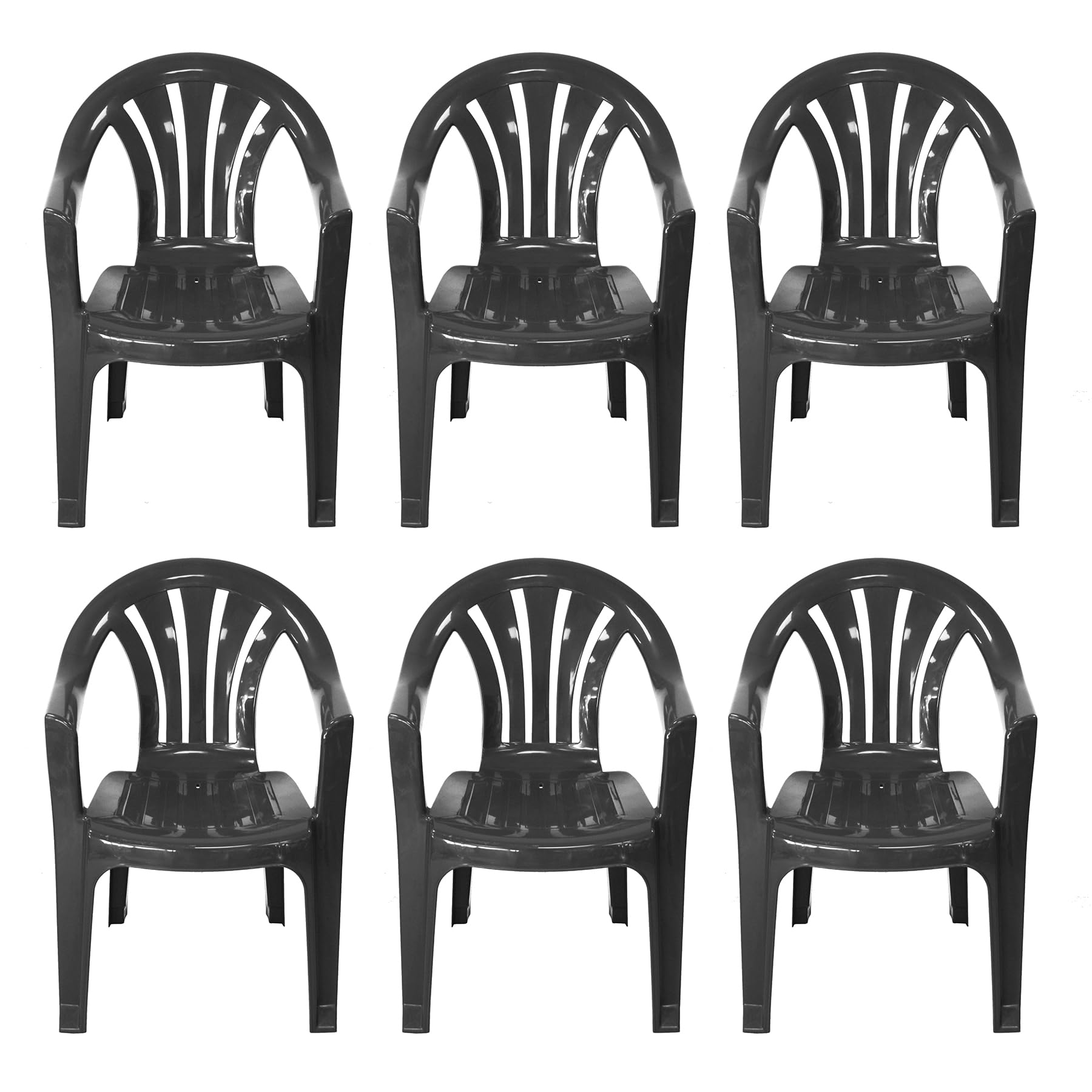 Plastic Garden Chairs - BLACK Set of 6 Chairs - Stackable with Vertical Slat Low Back Design - Indoor or Outdoor Use - Suitable for Patio, Parties, Picnics or Camping.