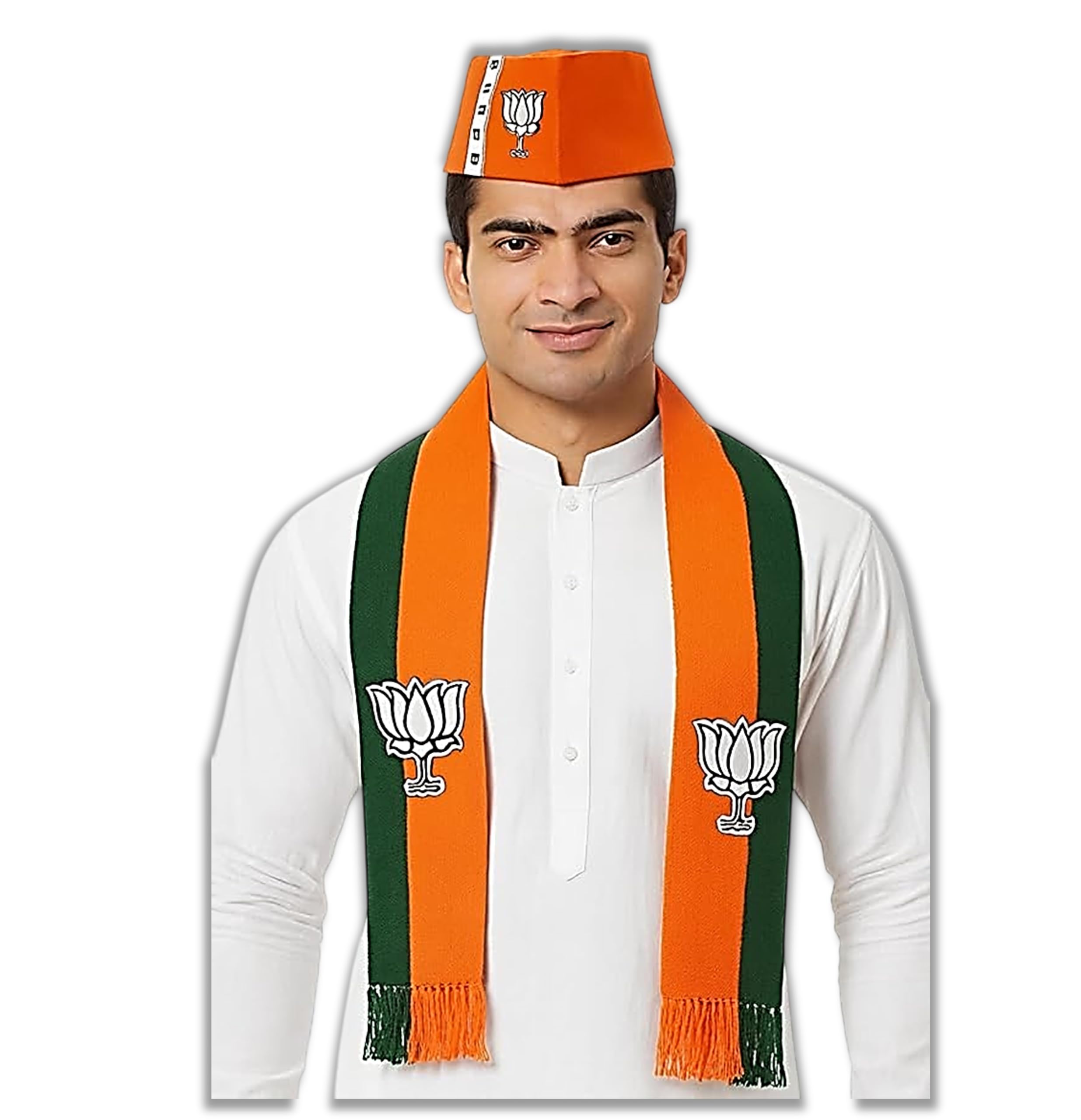 UNIQ Bharatiya Janata Party ? BJP Bhagwa/Orange-Green NaMo Style Gandhi Topi/Cap WITH Dual Color Scarf - BJP Flaunt Unisex Dupatta - Roto Fatka in 100% Cotton Fabric