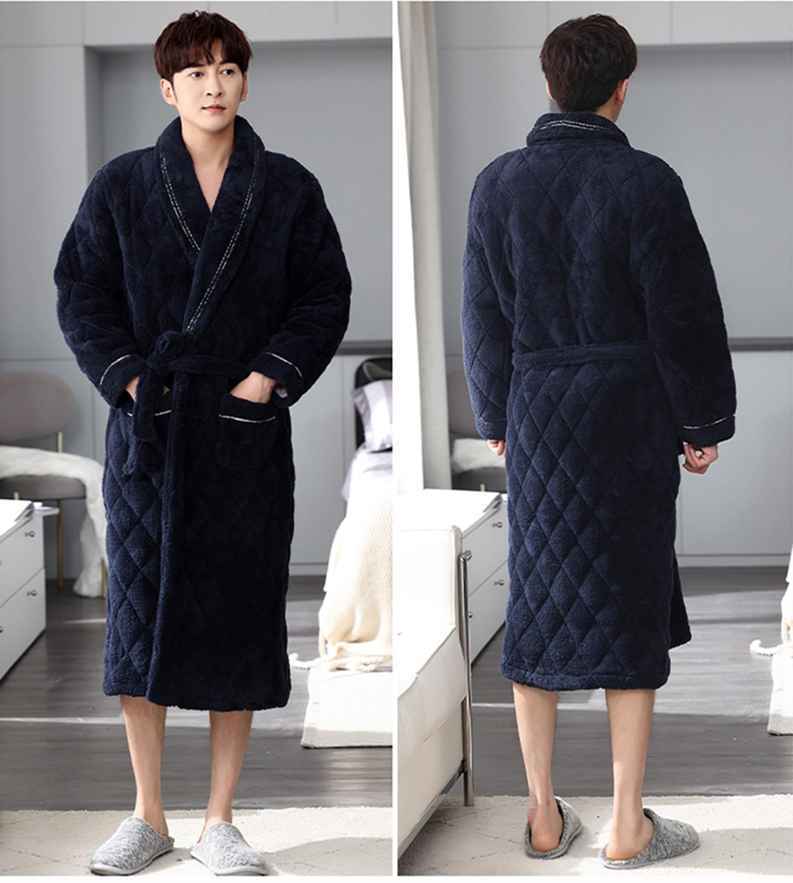 Bademantel für Herren, Herren-Fleecebademantel mit Taschen, Marineblau, Größen L bis 3XL