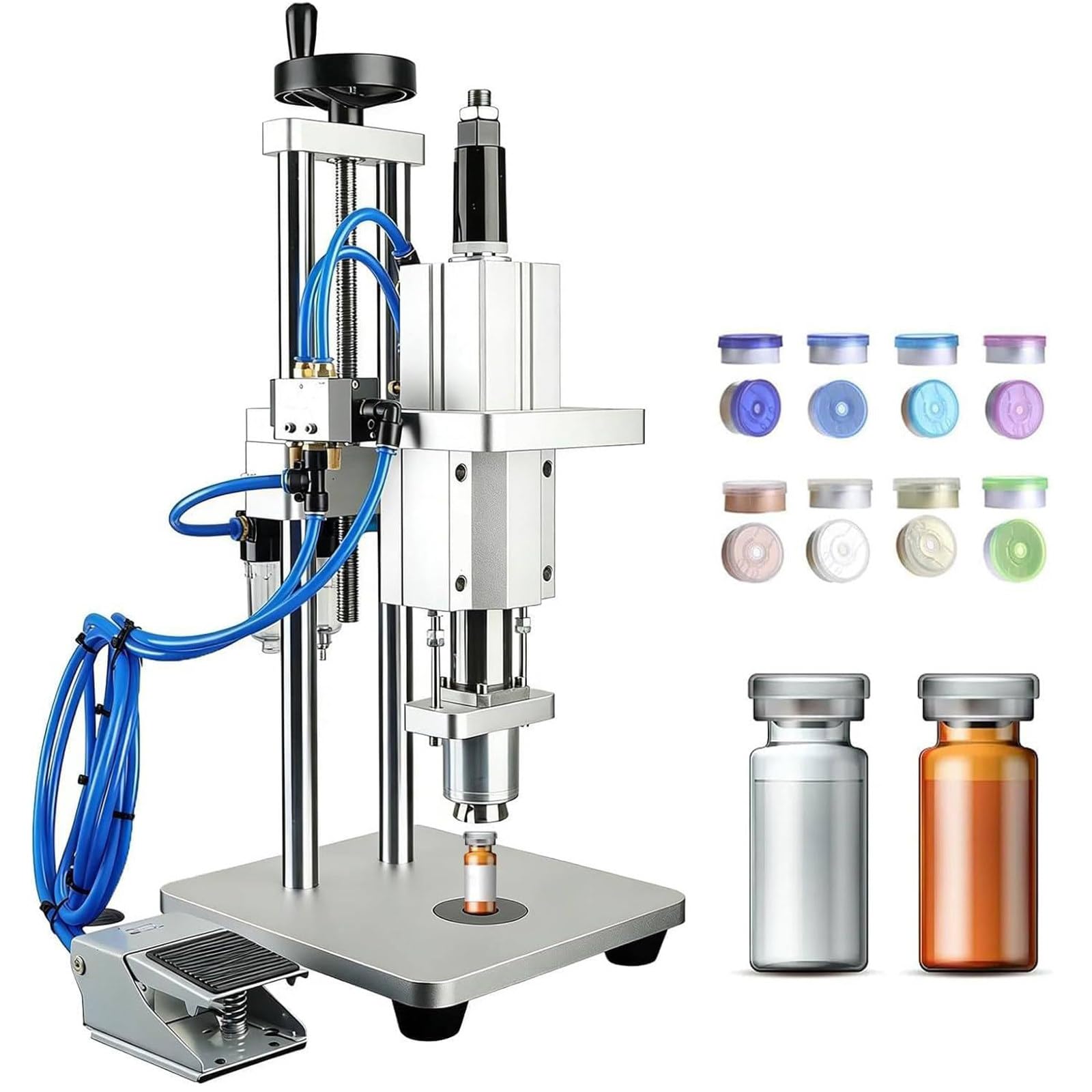ZenSeFarin Fully Pneumatic Capping Machine Capper Metal Cap Press Bottle Sealing Desktop Vial Crimper Machine, Height Adjustment + Foot Switch, 13mm/15mm/20mm Aluminum Cap Sealer 15MM