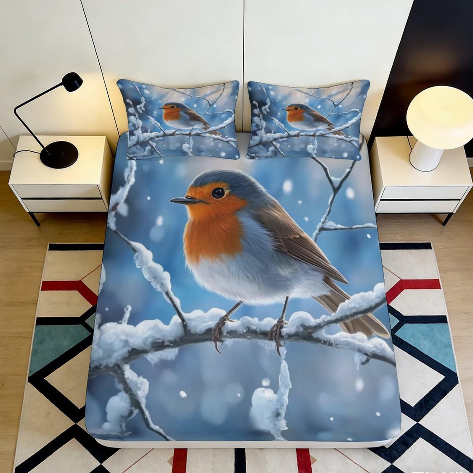 3D Printed Winter Robin Fitted Sheet Microfiber Soft Breathable Snow Branch Mattress Cover for Bedroom Dorm Decor 90x200x25cm