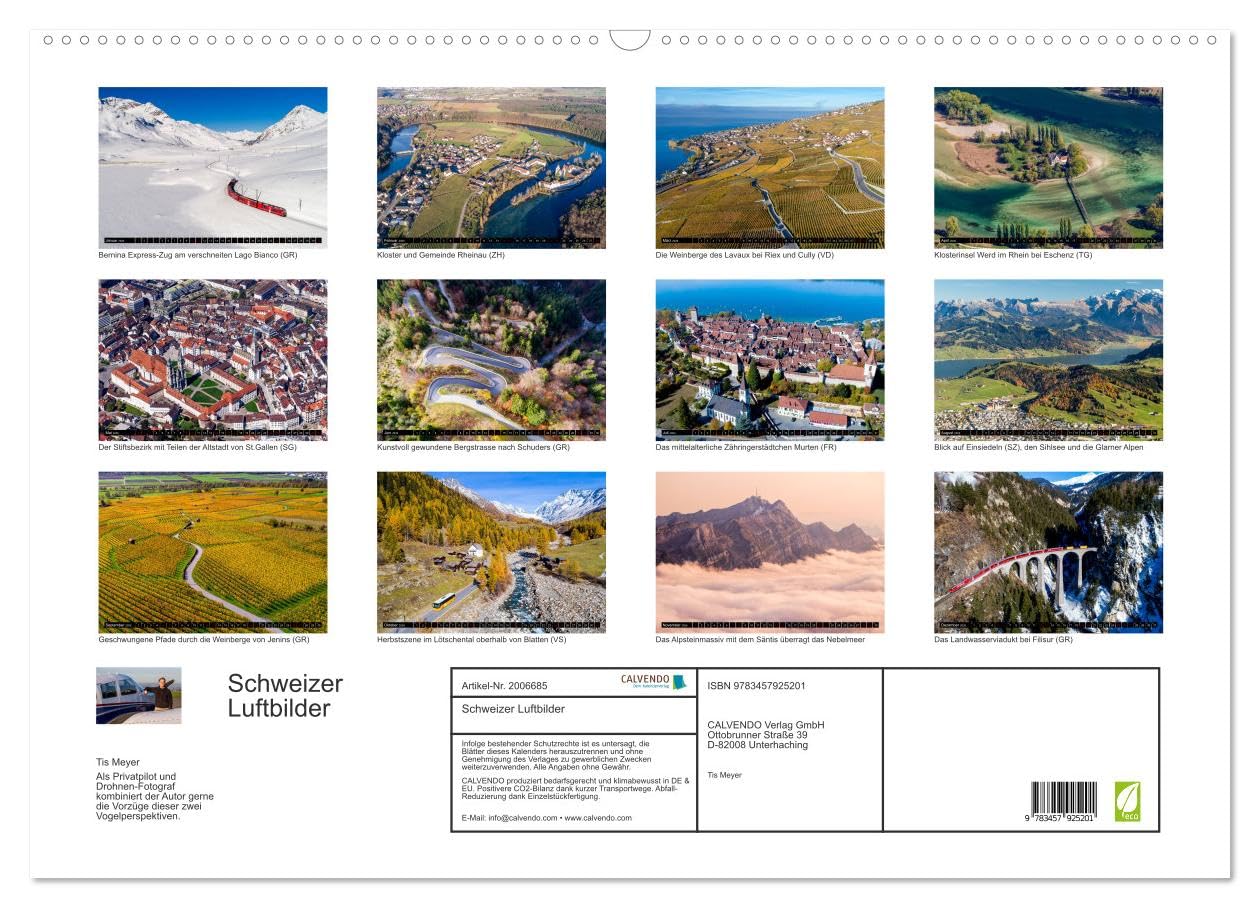 Schweizer Luftbilder (Wandkalender 2026 DIN A2 quer), CALVENDO Monatskalender: Bezaubernde Fotos aus Flugzeug & Drohne (CALVENDO Natur)