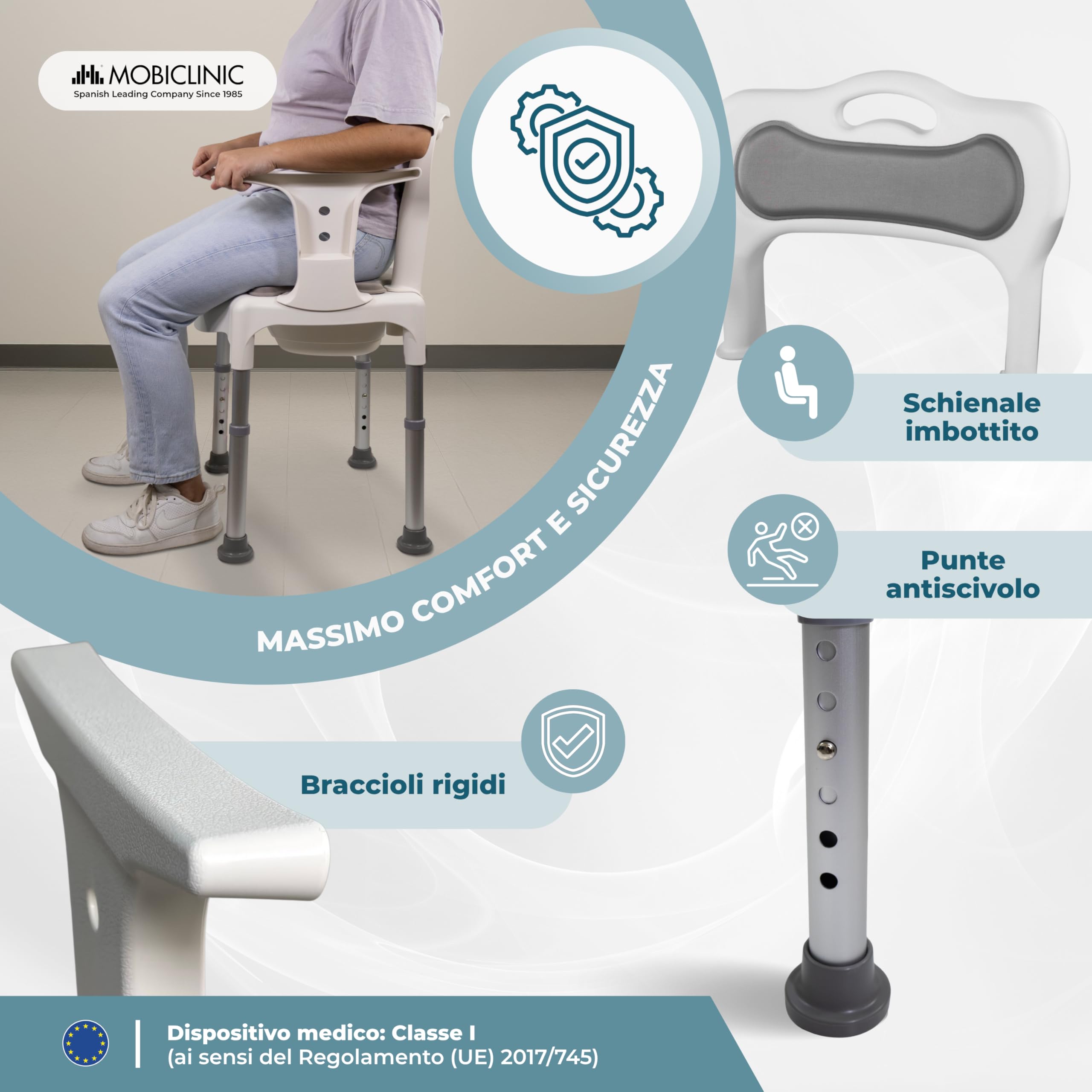 Mobiclinic®, Sedia WC, Vasca e Doccia, 3 in 1, Altezza Regolabile su 6 Livelli, Orinatoio Rimovibile da 3,5 L, Cuscini per Seduta e Schienale, Multifunzione, Terminali Antiscivolo, Guido