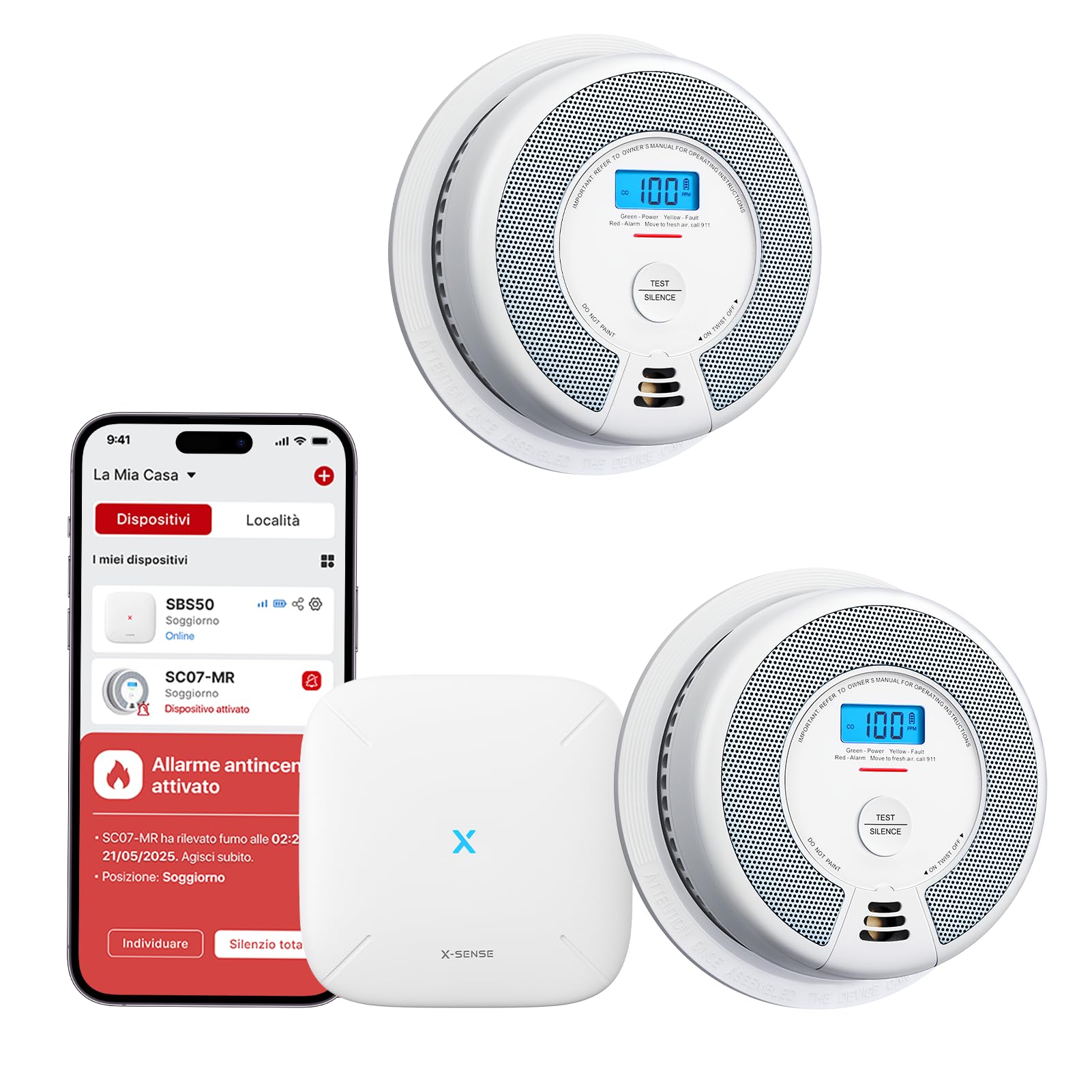 X-Sense Kit Rilevatore di Fumo e Monossido di Carbonio WiFi (2 Rilevatori e 1 Hub), Conforme EN14604 e EN50291, Allarme Antincendio per Casa con Notifiche App, Sensore da 10 Anni e Batteria da 5 Anni