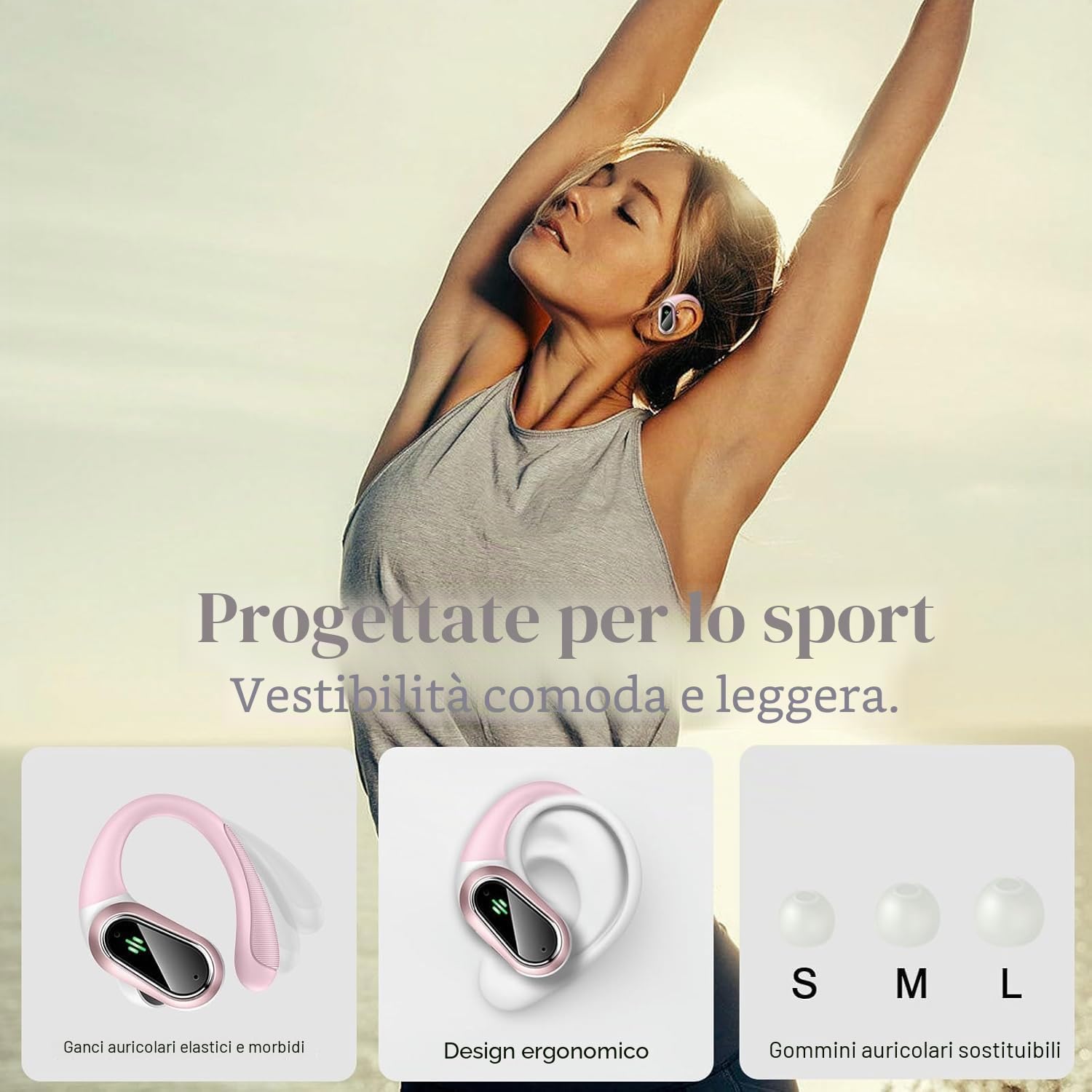 Cuffie Bluetooth Sport, Auricolari Bluetooth 5.3 Wireless con 4 ENC Cancellazione Rumore Mic, 50 Ore HiFi Stereo Cuffie Wireless, IP7 Impermeabile, Cuffiette Bluetooth con LED Display, USB-C, Rosa