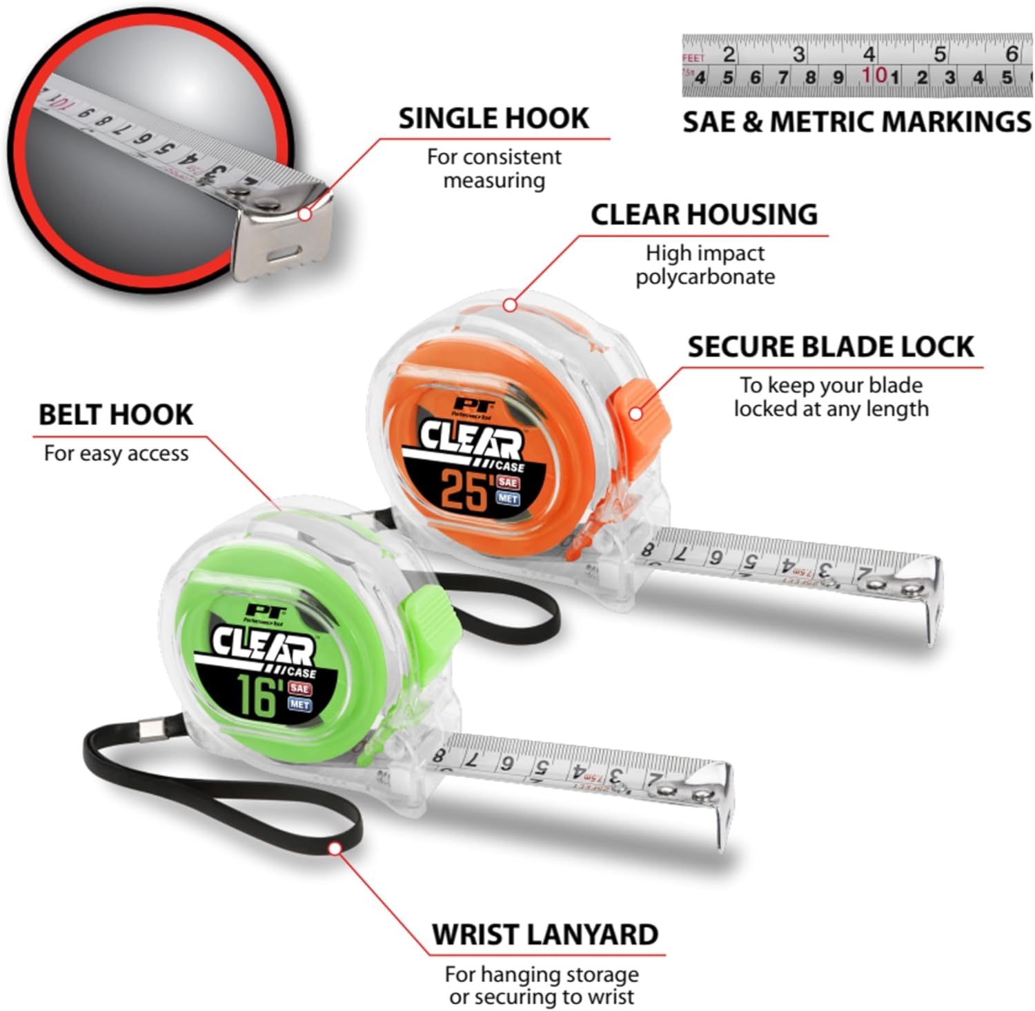 Performance Tool W5038 Clear Tape Measure Set - 16ft. x 3/4in. and 25ft. x 1in. (Pack of 2), Highly Accurate, Impact Resistant