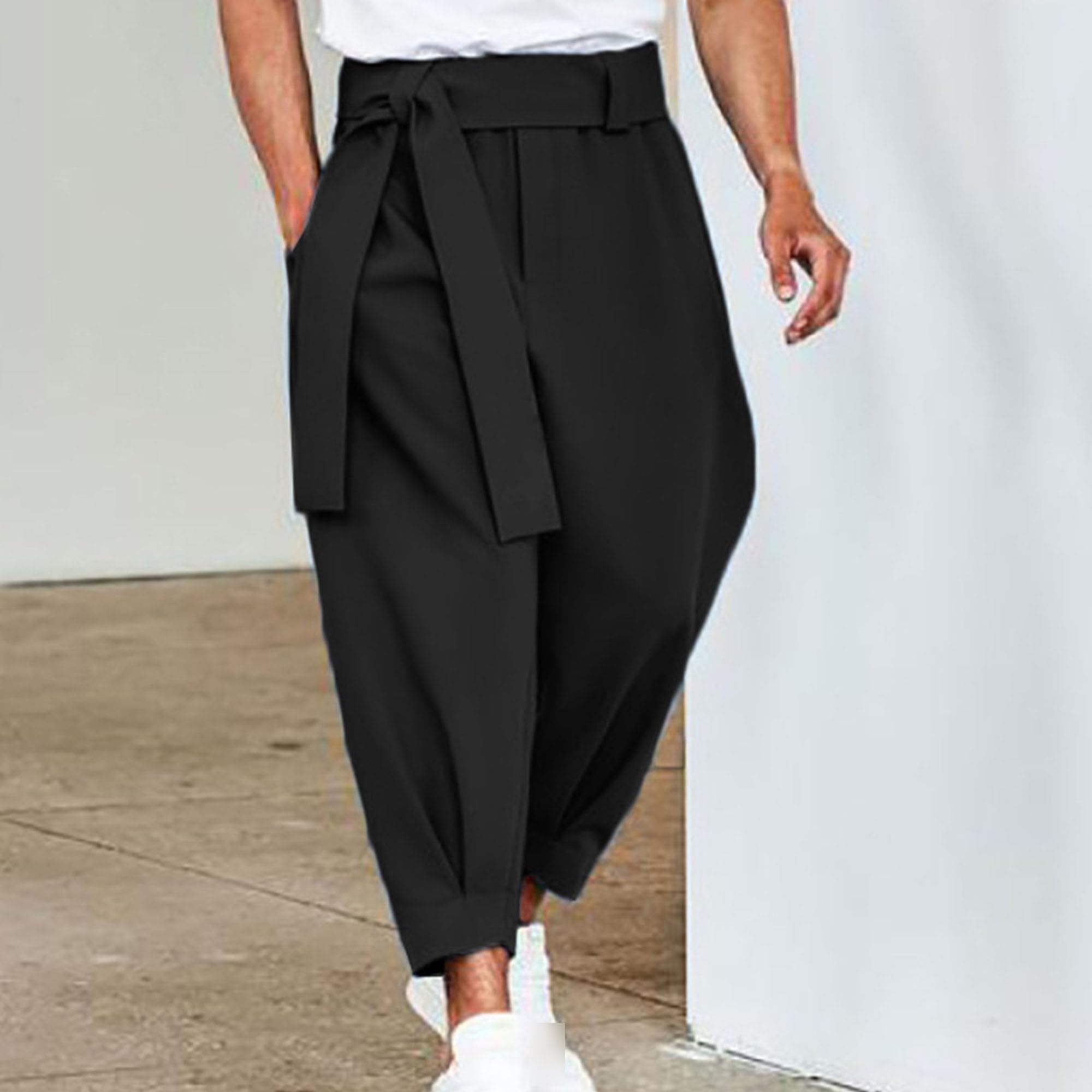 Maiyifu-GJ Men's Loose-Legged Light Cropped Trousers Mid-Waist Micro-Elastic Casual Pants Sweat-Absorbent Overalls (Black,Large)