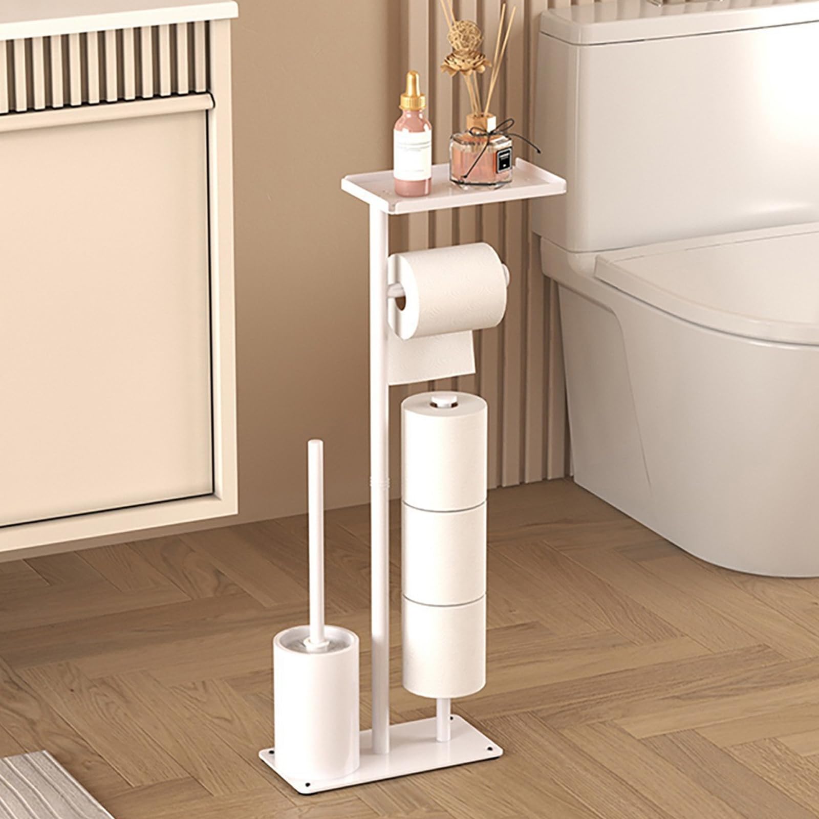 Portarrollos para Papel Higiénico, 59CM Soporte para Papel Higiénico De Pie De Metal con Estante Superior con Escobilla para Baño Y Hogar con Capacidad para 3 Rollos De Repuesto