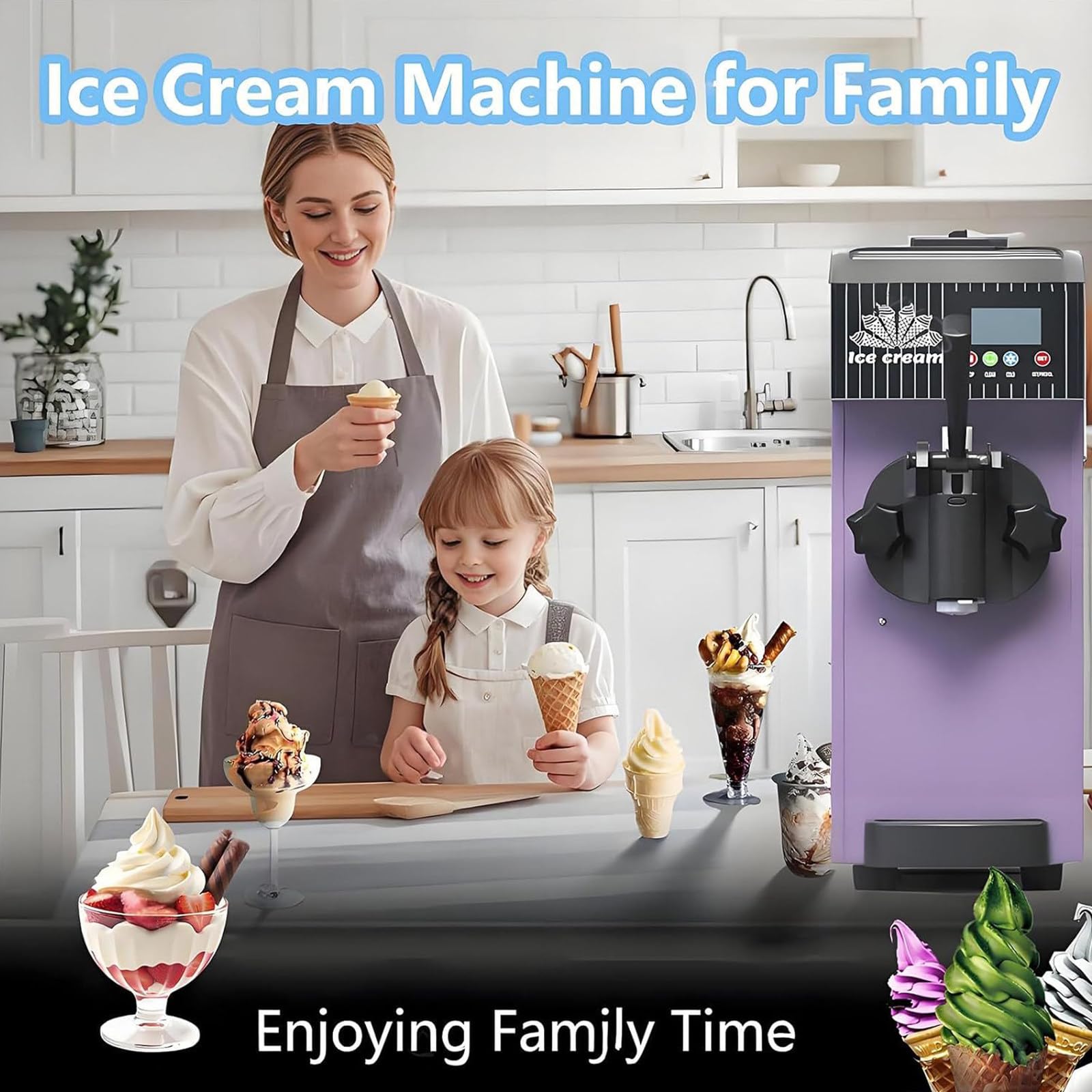 Máquina de helado de servicio suave, salida de 4-5 kg/h, tolva de congelador de 2.5 L, tanque de congelación de 1 litro, control LCD, limpieza automática, máquina de helado de encimera de 450 W