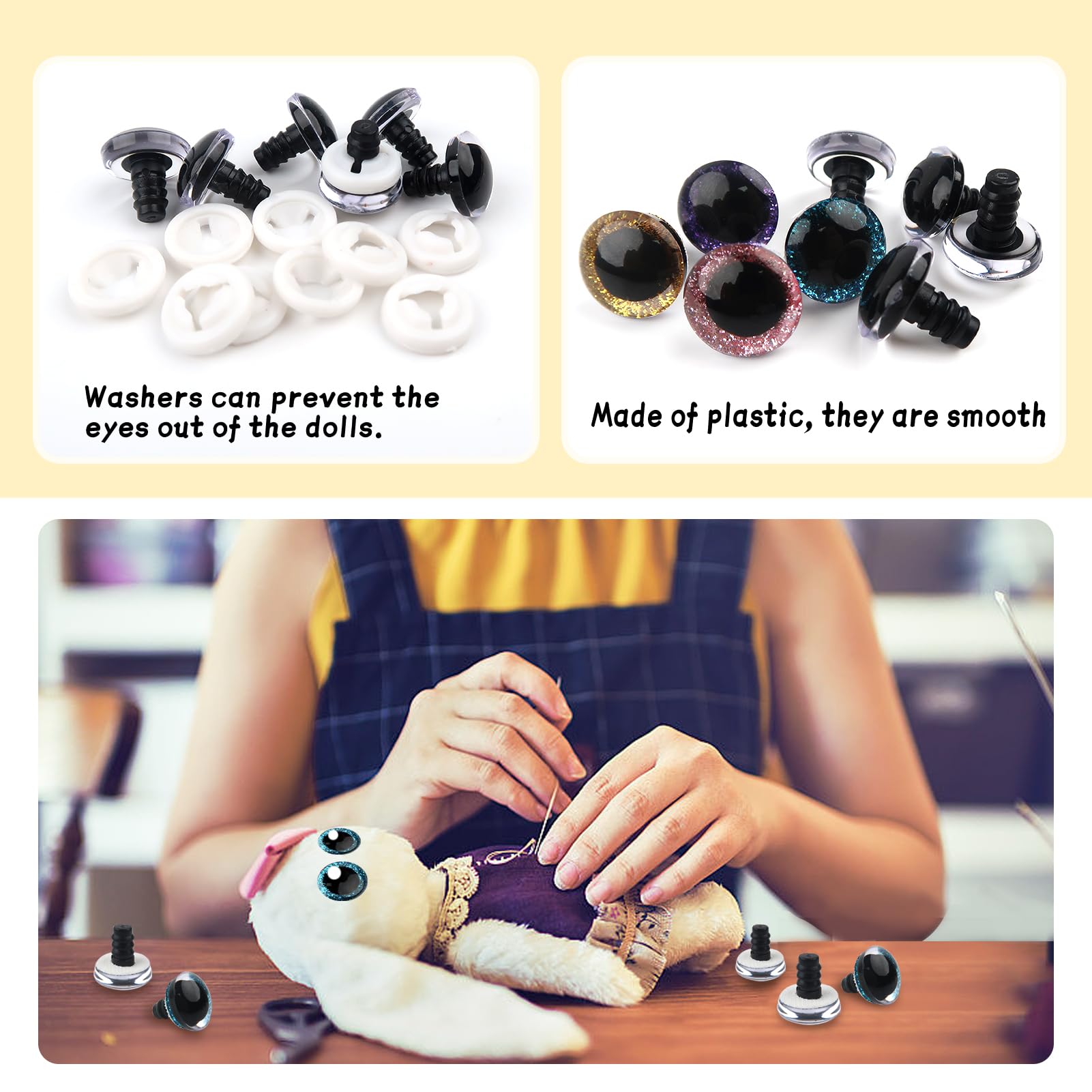 Kit 350 Occhi Di Sicurezza Per Bambole E Amigurumi – Glitter E Neri, Dimensioni 5-14 Mm Con Rondelle – Per Uncinetto E Cucito - 4