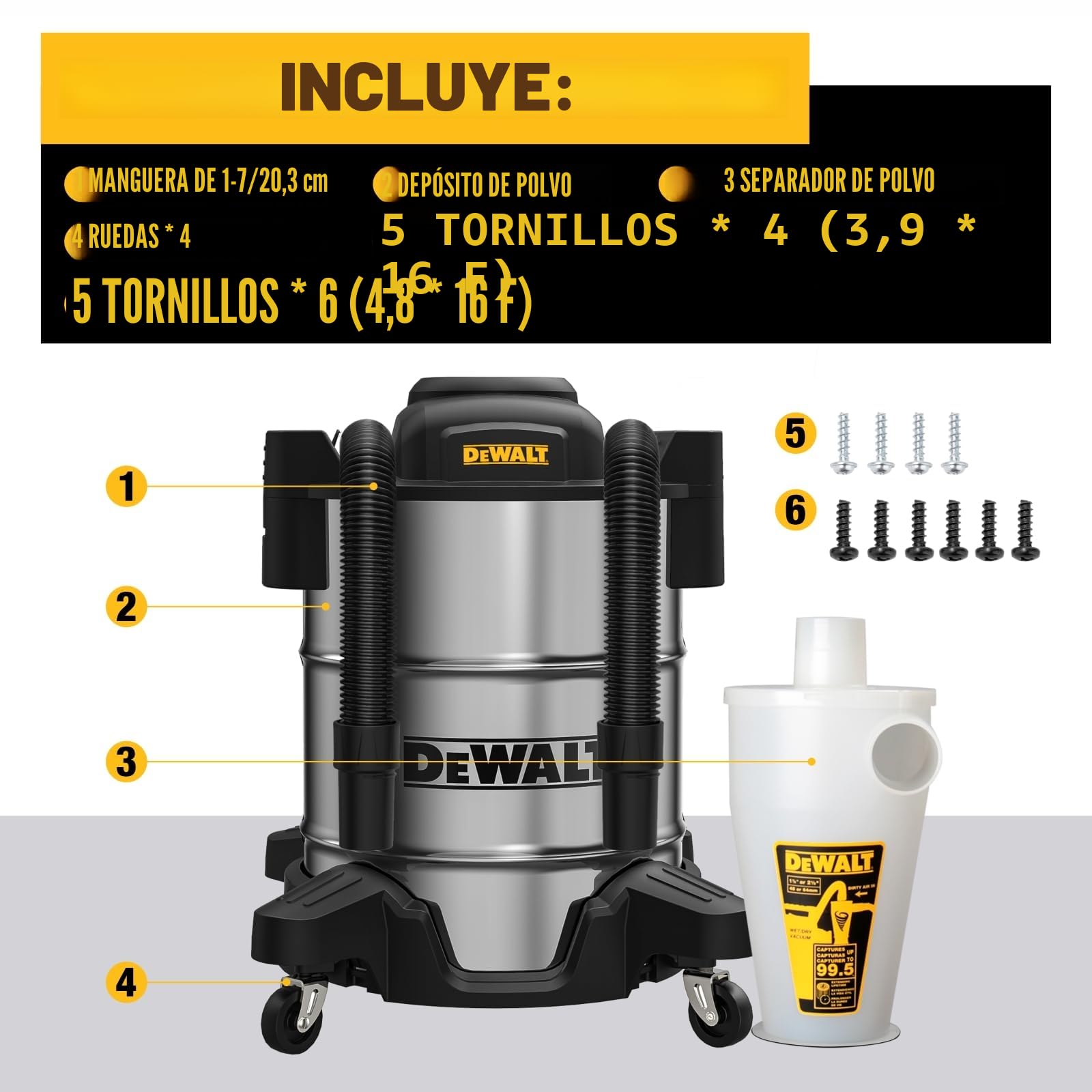 Dewalt Separador con tanque de acero inoxidable 10 galas, 99.5% eficiencia, filtro de polvo de ciclo de alto rendimiento, colector de ciclón de polvo, DXVCS003, blanco