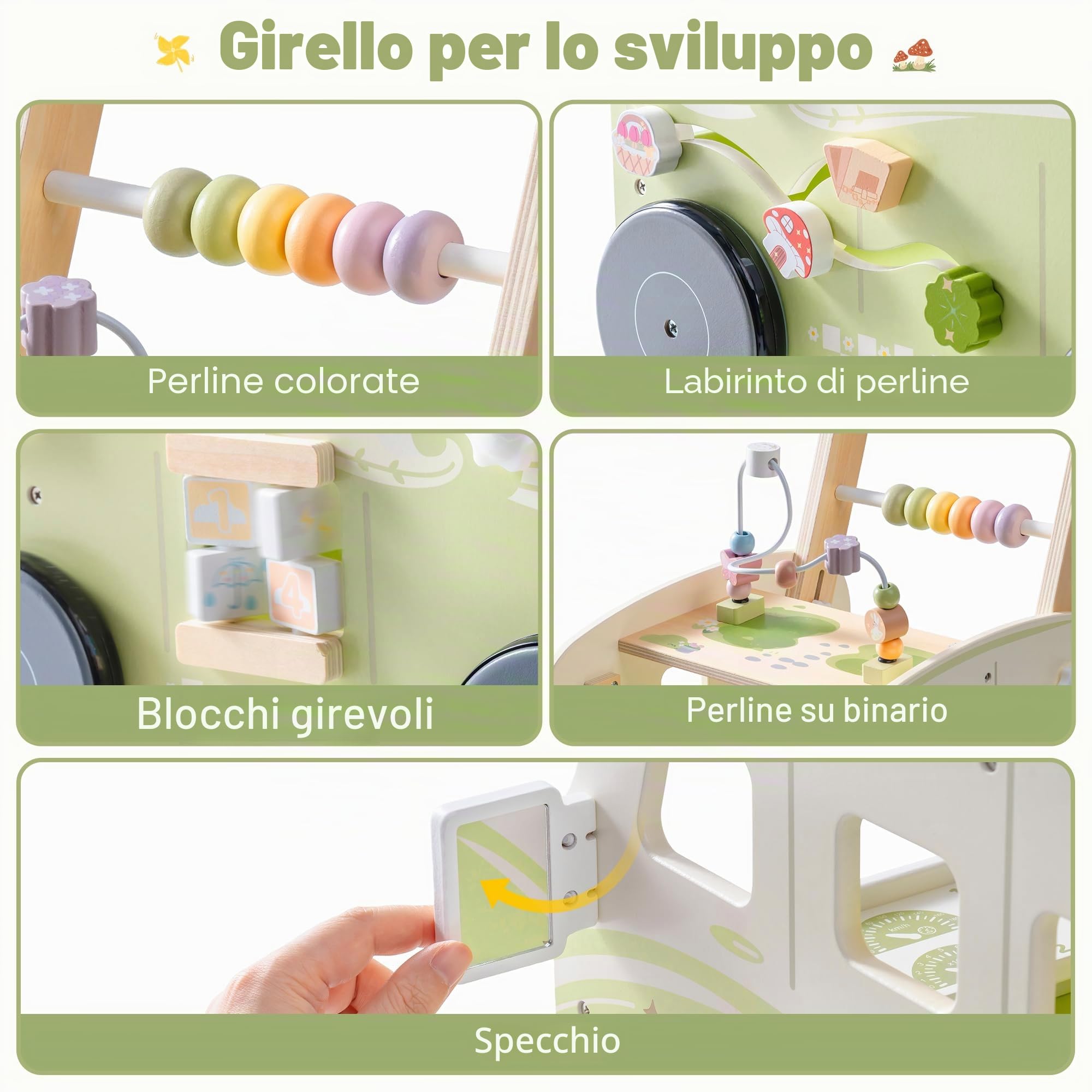 ROBUD Girello in legno, velocità e altezza regolabili per bambini, giocattolo educativo, regalo per ragazzi e ragazze a partire dai 10 mesi, 1-2 anni, verde