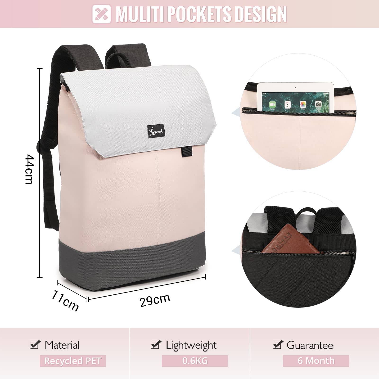 LOVEVOOK Zaino Porta PC Donna, 15,6 Pollici Impermeabile Zaino Antifurto per Computer portatile con Porta USB per Università, Viaggi, Lavoro, Scuola, Ufficio-Rosa
