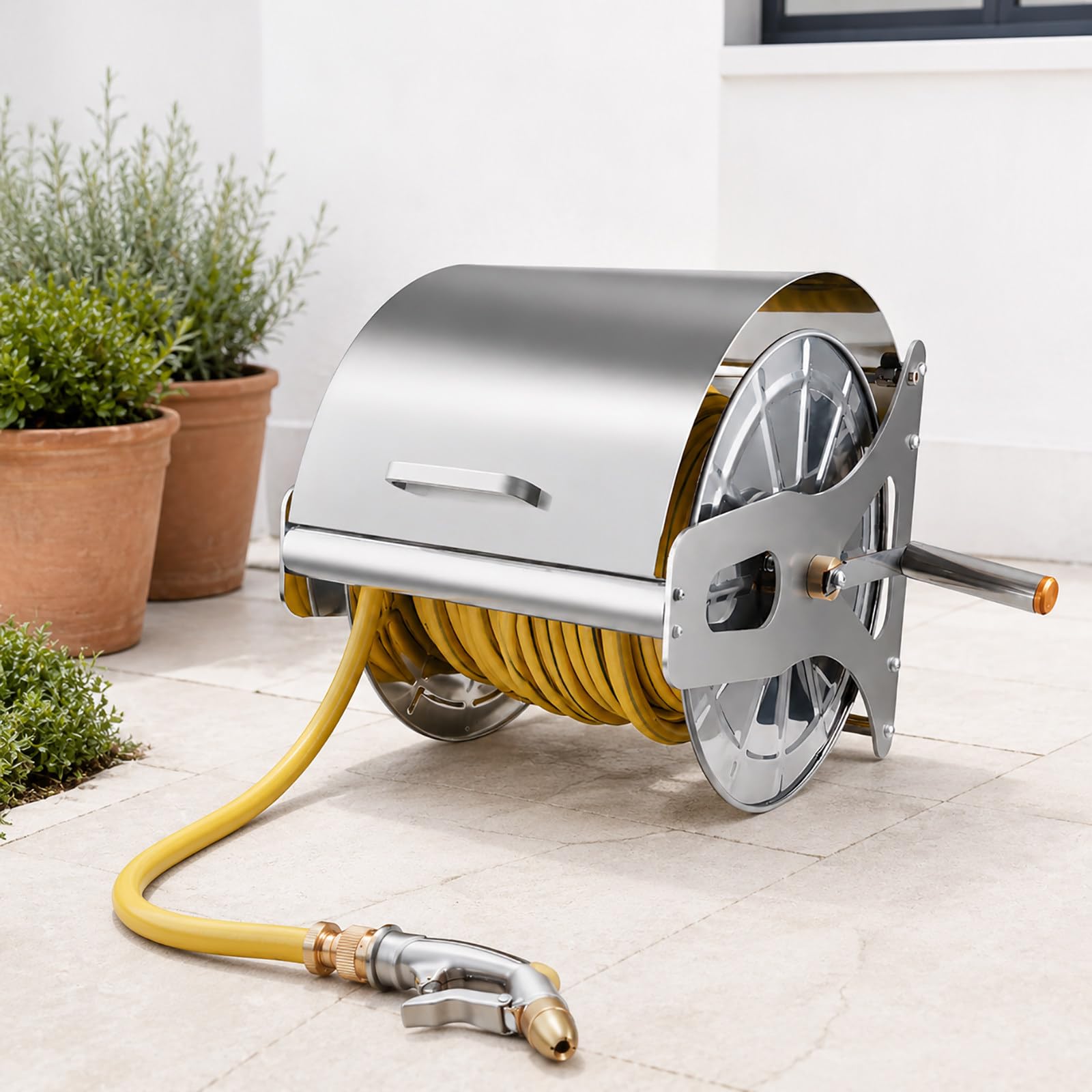 Edelstahl-Schlauchtrommel für den Garten, Wand- oder Bodenmontage, manuelle Kurbel, für bis zu 50 m 1/2-Zoll-Schlauch, Messinganschlüsse und Metallspritzdüse 10m