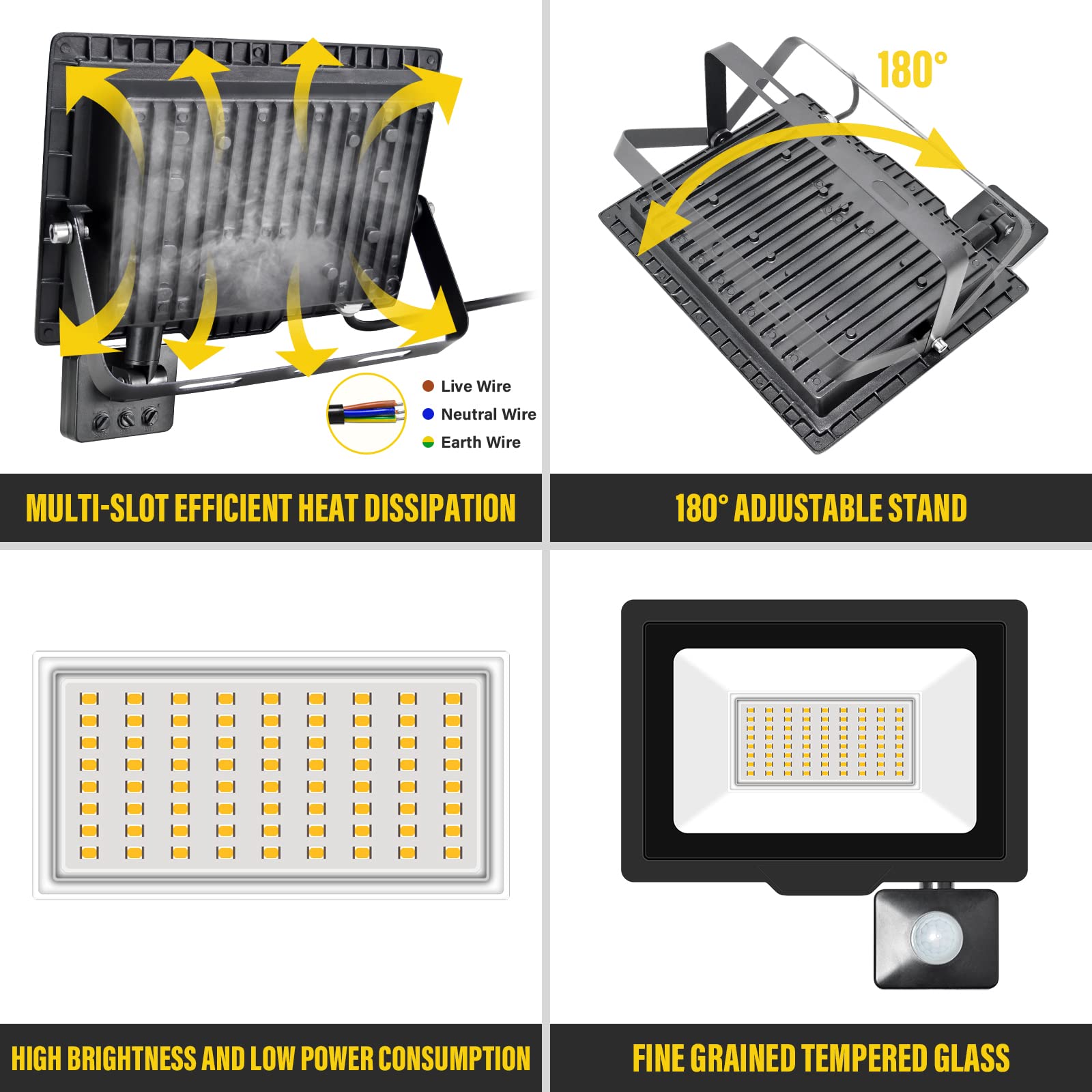 Willpower 2pcs LED Floodlight 50W 5000lm LED Security Lights Outdoor with Motion Sensor IP66 Waterproof PIR Lights Warm White 3000K Wall Light for Garden Garage Court Patio Lawn - Image 3