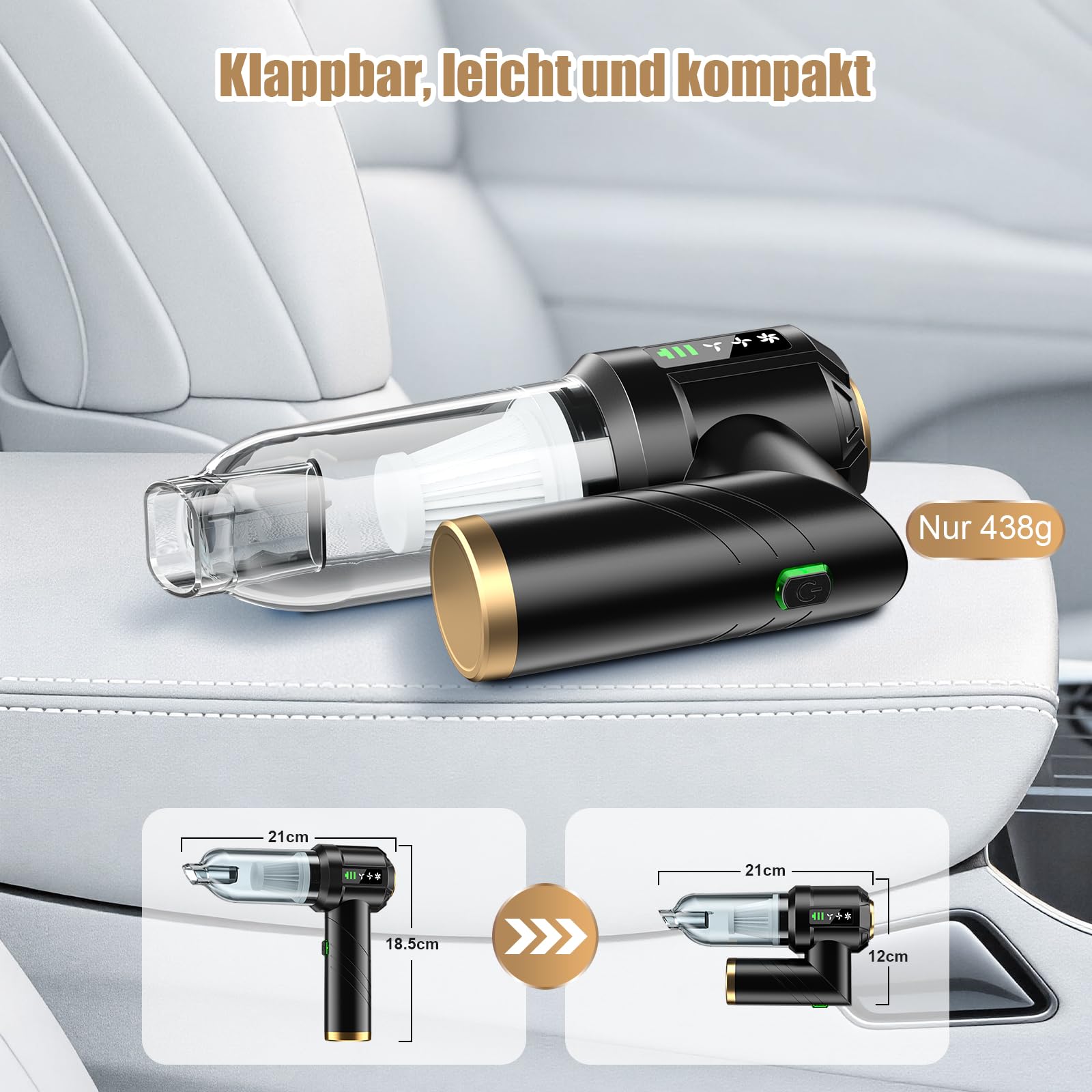 Handstaubsauger Akku 4-in-1, 28000PA Auto Staubsauger Stark mit Bürstenloser Motor, Handstaubsauger Kabellos, 3-Gang 250000 U/min Autostaubsauger für Auto, Küche, Haus & Tierhaar Reinigung