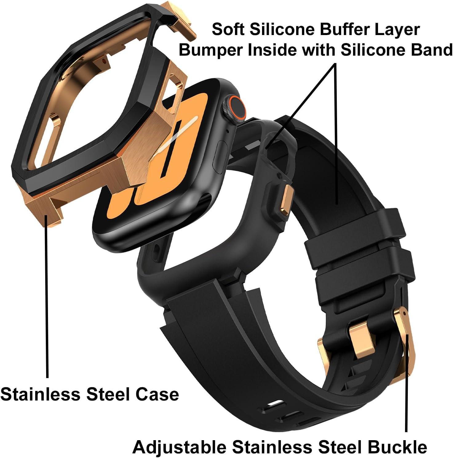 Luxury Metal Case with Band Compatible for Apple Watch 44mm 45mm 46mm 49mm,Men Rugged Protective Bumper Cover with Soft Silicone Strap for iWatch Series 11/10/9/8/7/6/SE3/SE2/SE/5/4 and Ultra 3/2/1 49mm - Image 2