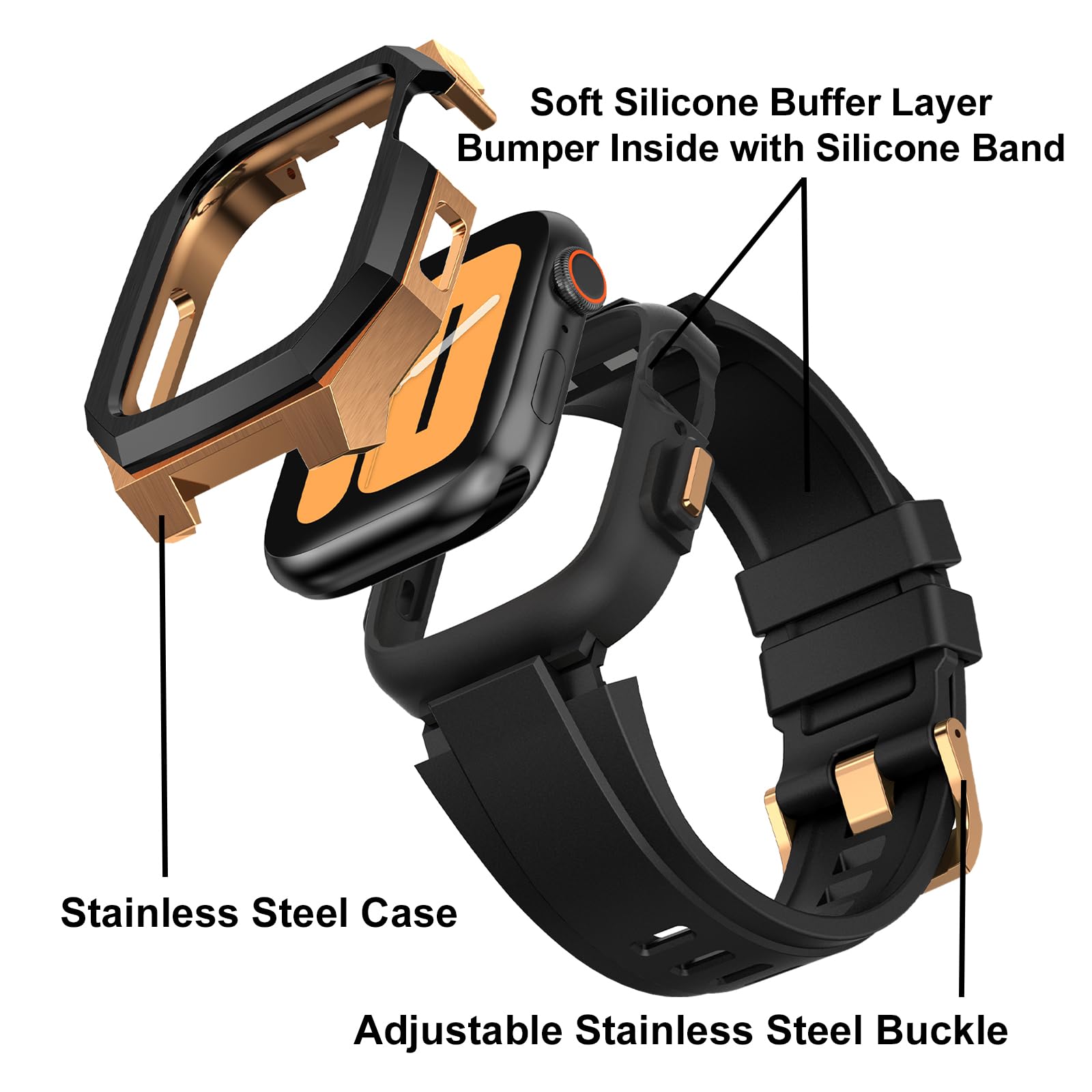 Lujosa funda de metal con correa compatible con Apple Watch 44 mm, 45 mm, 49 mm, resistente funda para hombre con correa de silicona suave para iWatch Serie 8/7/6/SE/5/4 e iWatch Ultra 49 mm