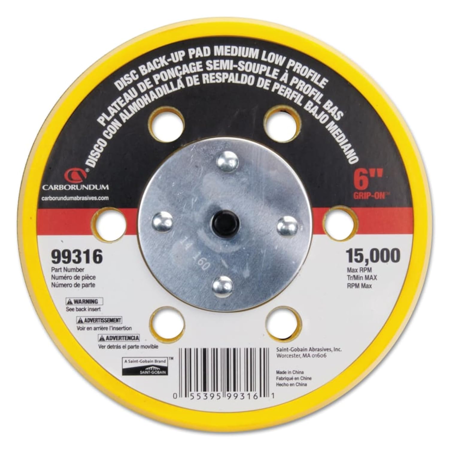 CARBORUNDUM Low Profile-MED 6" X6 Hole GRIPON BCKUP PAD 15000 05539599316
