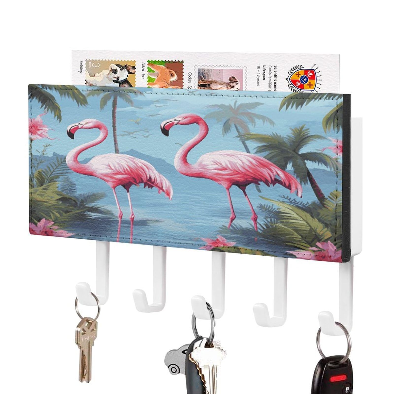 Vstadank White-Style Tropical Flamingos Key Holder For Wall Mount With 5 Hooks Decorative Key And Mail Holder Farmhouse Wall Hooks With Shelf Pu Leather Key Rack With Mail Holders For Entryway Home