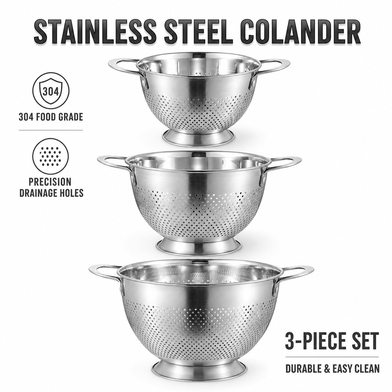 Juego de 3 coladores para pasta (acero inoxidable, 20/24/26 cm)