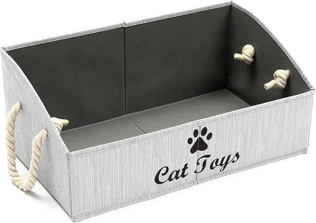 Geyecete Large CAT Toys Storage Bins - Foldable Fabric Trapezoid Organizer Boxes with Cotton Handle, Collapsible Basket for Shelves(Gray-CAT)