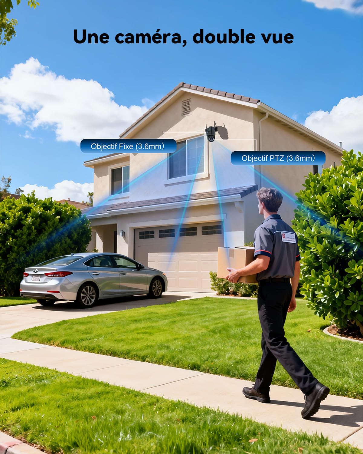 Ctronics Double Objectif Camera Surveillance WiFi Exterieure sans Fil, 2.4/5GHz WiFi Caméra, 8W Panneau Solaire & 10400mAh Batterie, Double PIR, Vision Nocturne Couleur, 128GB TF/Cloud/PC, IP66 - 2