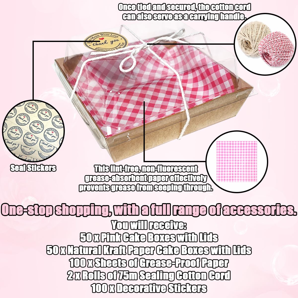 100 cajas de papel para embutidos con tapas transparentes, recipientes individuales de 5 pulgadas a prueba de aceite con cordel adhesivo de papel para hornear, caja de postre cuadrada para
