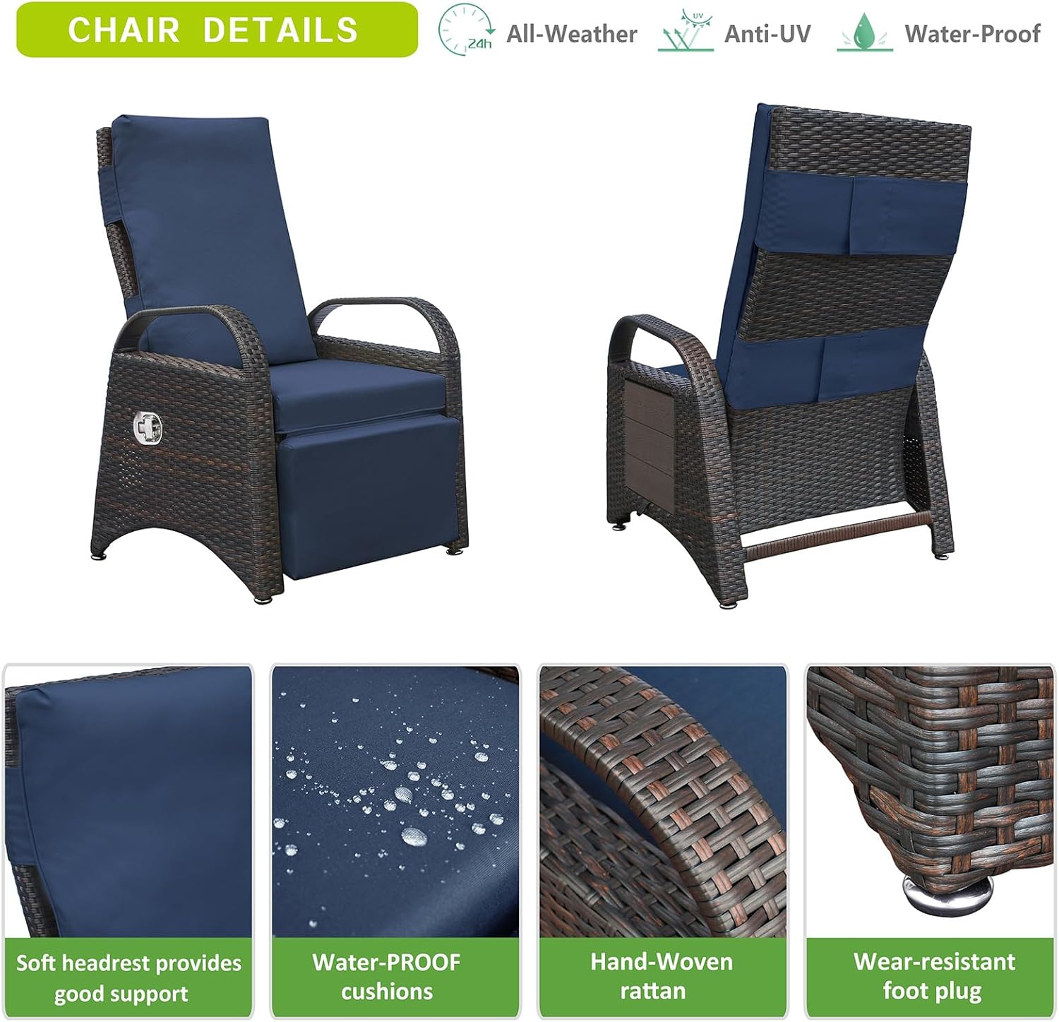 Skypatio Indoor/Outdoor Wicker Recliner Chair, Adjustable Backrest Patio Recliner Lounge Chair with Flip Side Table, Cushion Comfort Upgrade(Navy Blue)