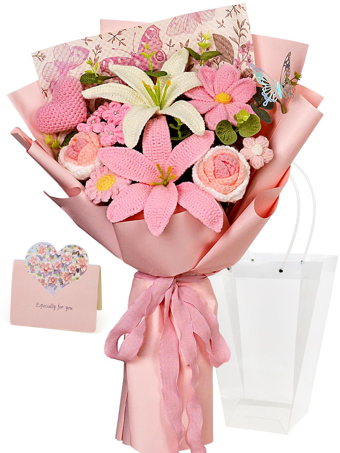 Blumenstrauß Gehäkelt, Lilie Rose Herz Blumen, Rosa