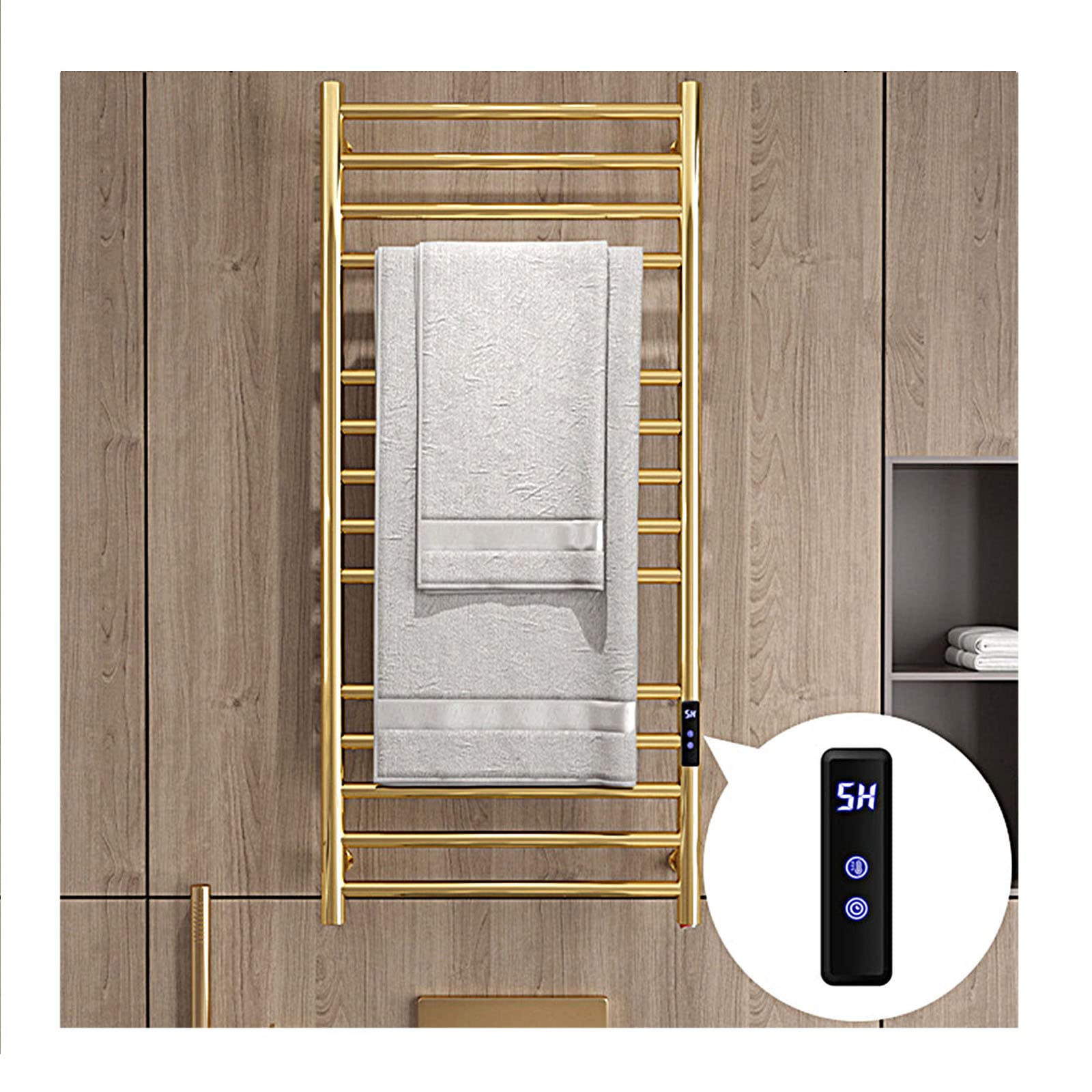 asdchZen Heated Towel Rack,S For Bathroom,304 Stainless Steel Wall-Mounted With Timer,14 Heating Rods,Black,Hardwired-Gold-Plugin,Gold-Plugin