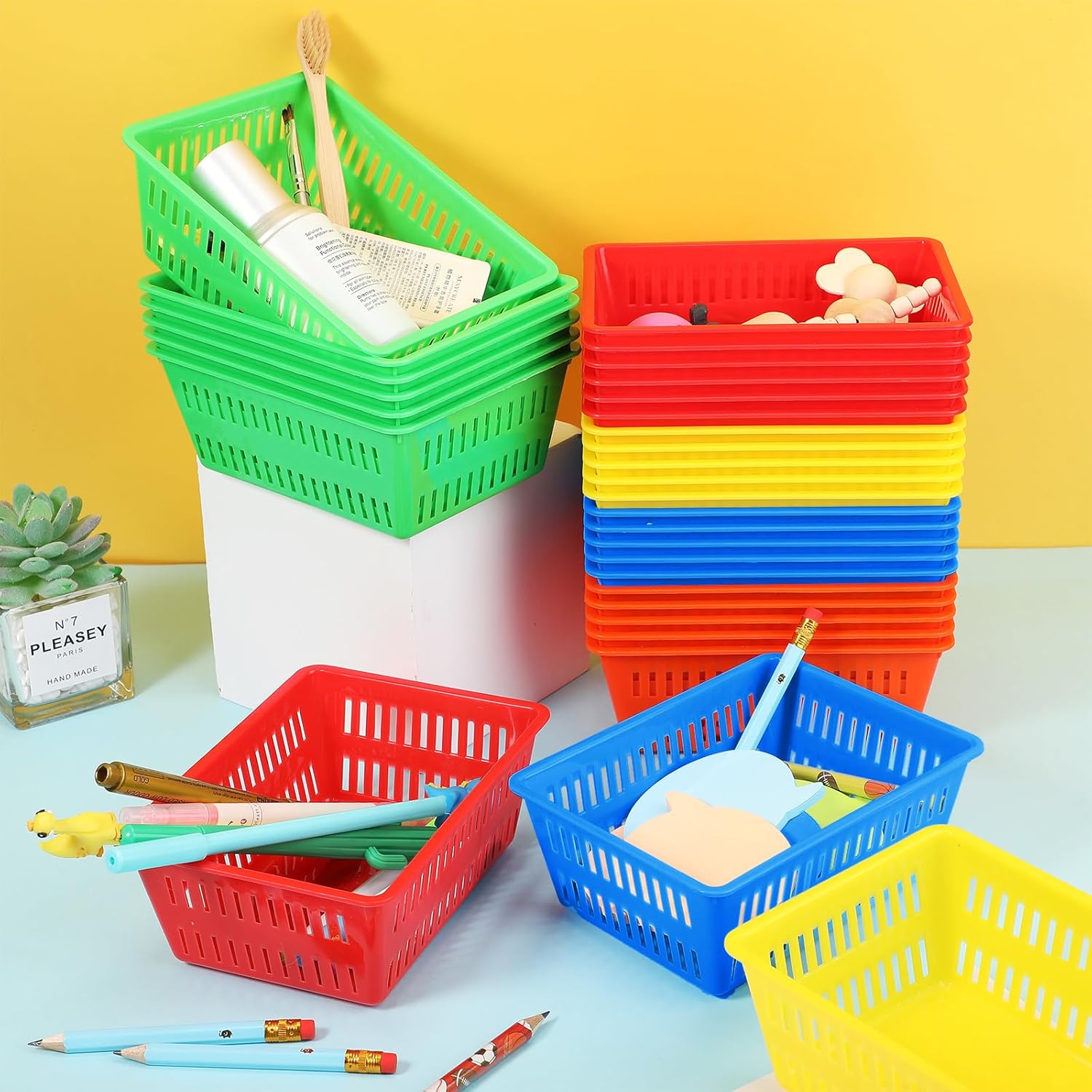 Sherr 36 Pack Classroom Storage Basket Small Plastic Basket for Organizing Crayon Pencil Container Storage Bin Tray Holder for Paper Shelf Back to School Office Supply 6.1"l x 4.3"w x 2.4"h(Colorful)