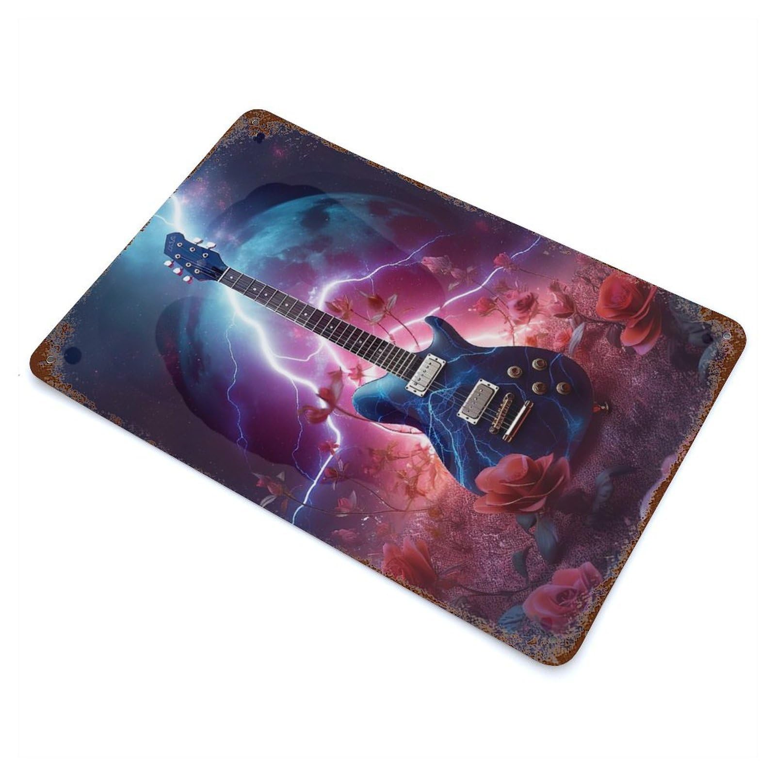 Garage Style Lightning Space Guitar Weathered Tin Sign 11.8"x7.9", Classic Wall Plaque for Bar And Workshop