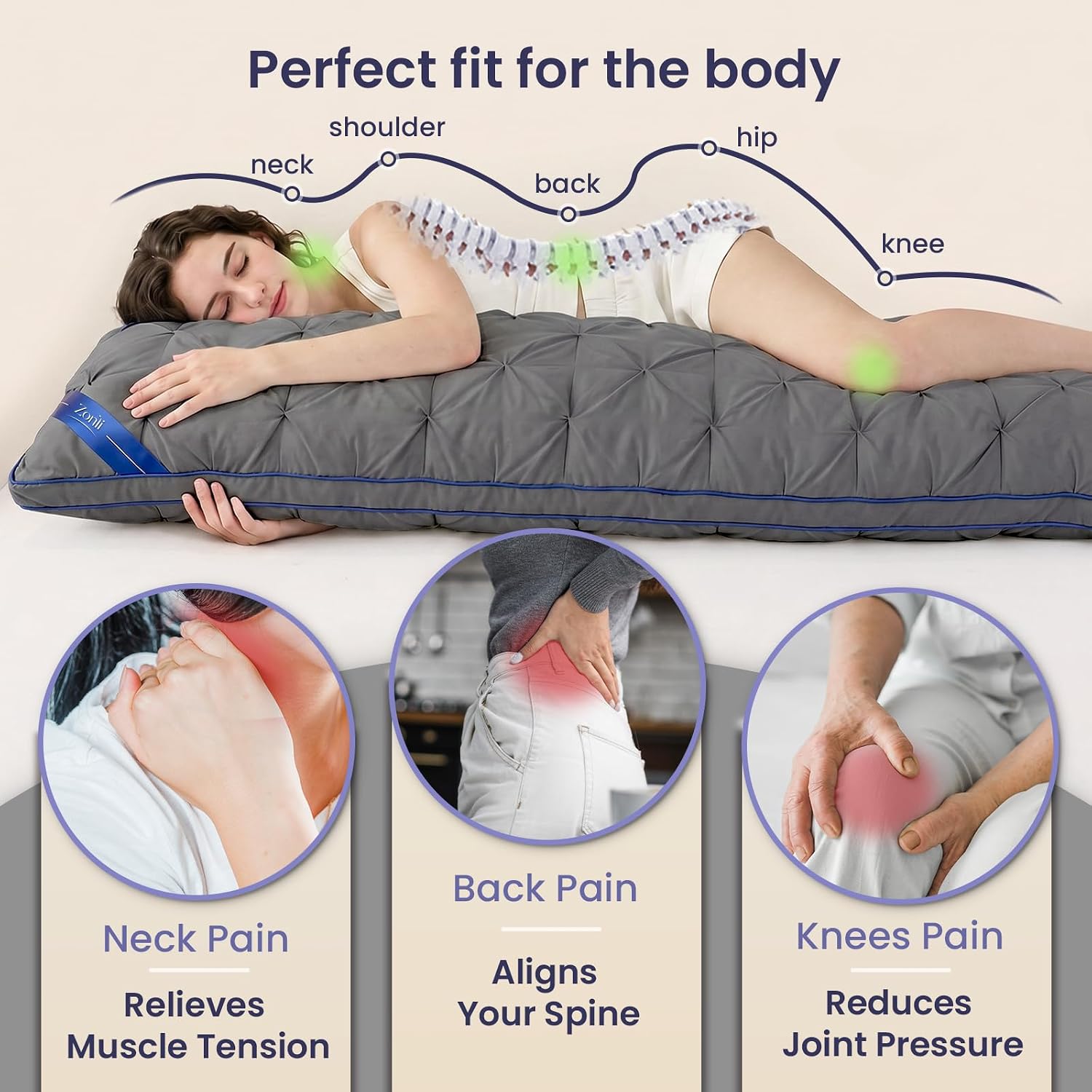 ZonLi Body Pillow for Adults Side Sleeper & Pregnancy - Memory Foam Insert Long Body Pillow 20 x 54 Inch, Well Crafted Pinch Pleat, Gift for Men Women Dark Grey