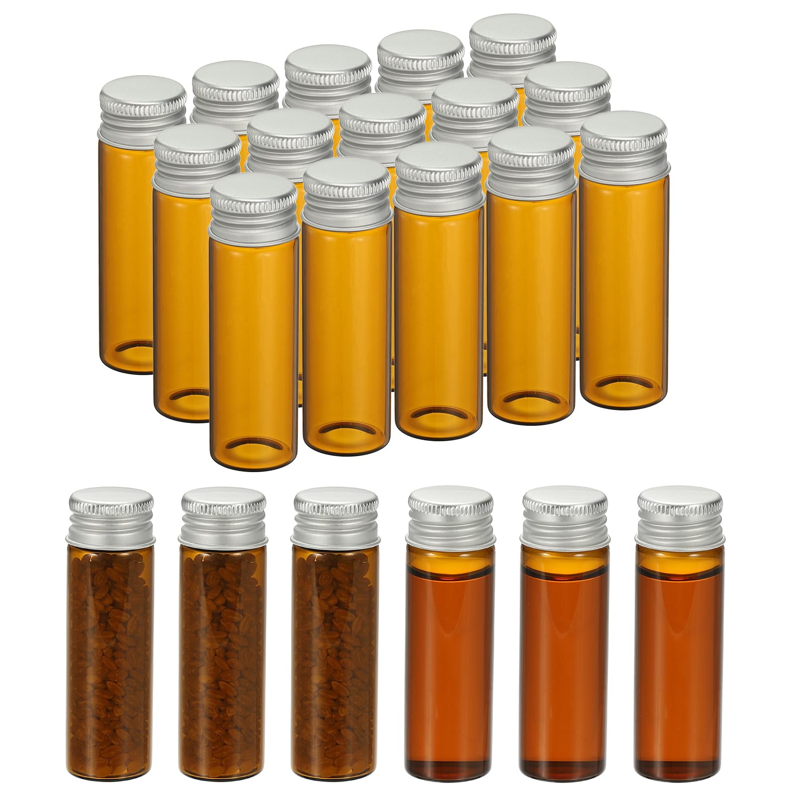 PATIKIL 15ml Amber Glass Vials, 20 Pack Small Liquid Sample Vial with Screw Caps Plastic Stoppers Leak-Proof Bottles Empty Jars, Silver/Brown
