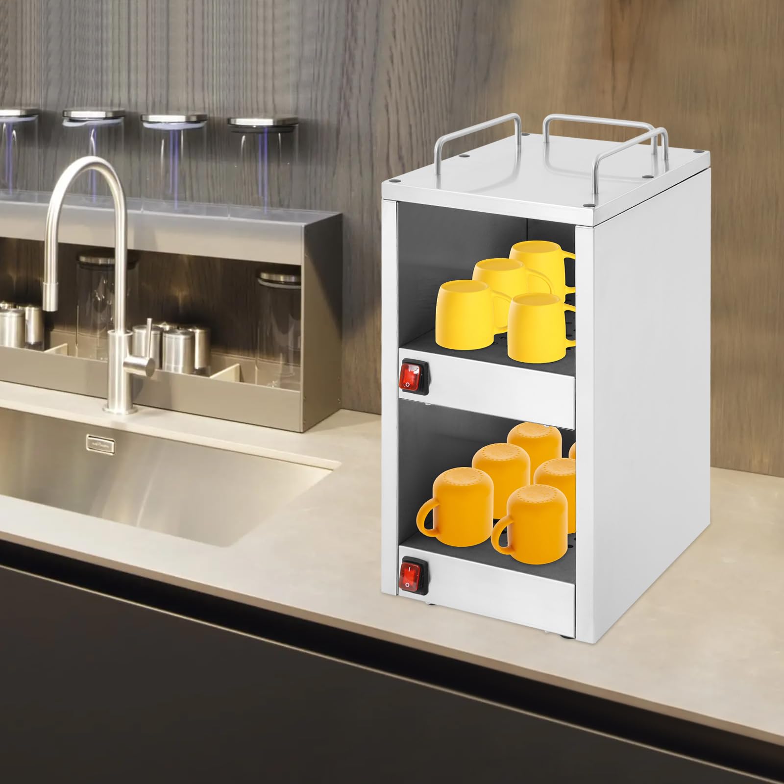 Armadietto riscaldante per tazze, in acciaio inox, 140 W, 220 V, per ristorante, hotel, caffetteria, scalda tazze, con 2 scomparti e isolamento a 75 °C, ideale per tazze e piatti