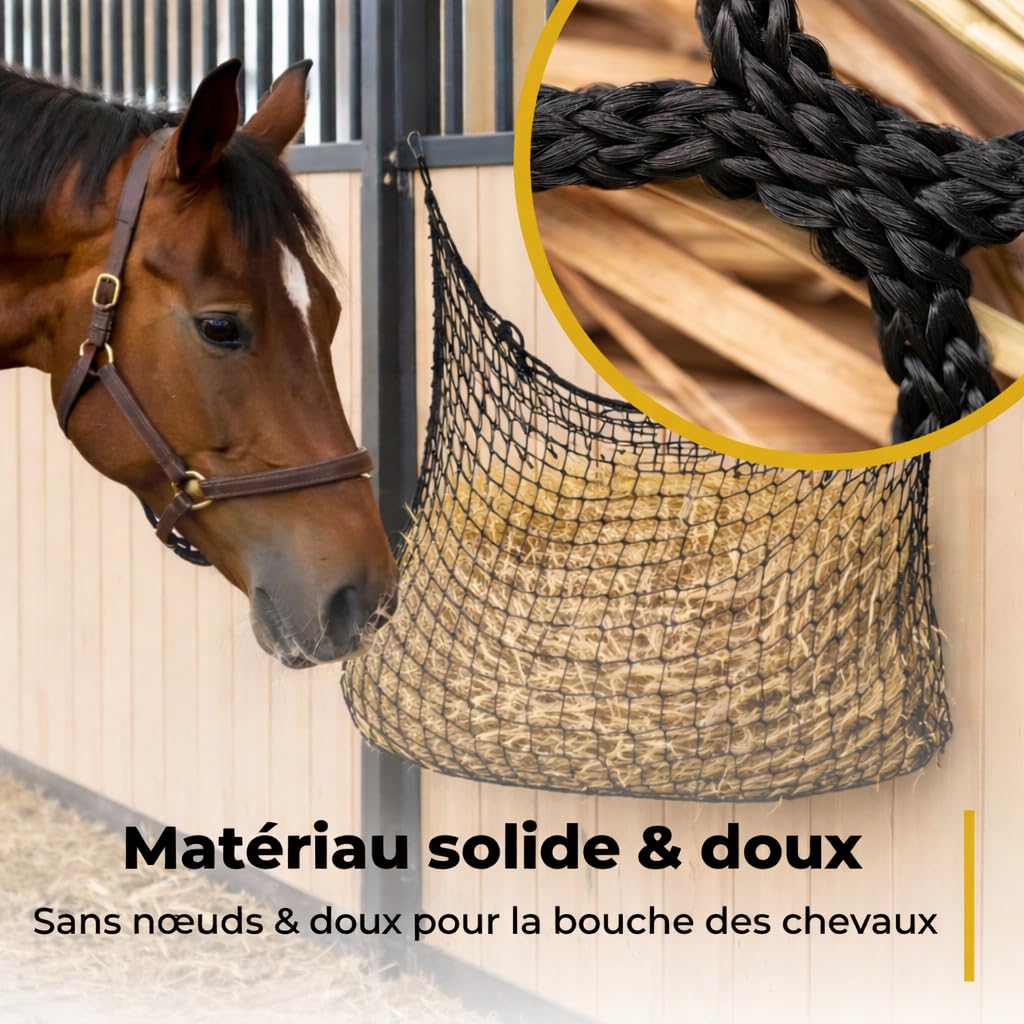 Flori's Filet à foin pour chevaux - Grand sac à foin pour chevaux - 90 × 120 cm - Maille étroite 4,5 cm - Filet à foin avec mousqueton - Environ 9 kg de foin - Slow Feeder