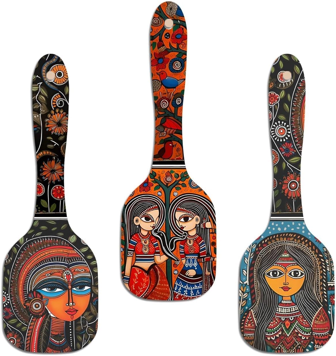Madhubani Art Wooden Wall Hanger For Home | Living Room | Office | Gift | Stylish Modern Decoration Items | Kitchen Wall Decor | Home Decor Hanging Items, Set Of 3