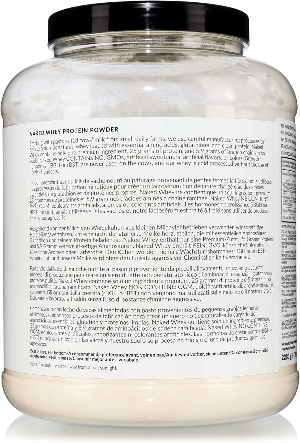 Naked Whey Protein Pulver (Eiweißpulver), Nur 1 Zutat, Grass Fed, Glutenfrei, Sojafrei, GMO-frei, 25g Protein und 6g BCAAs pro Messlöffel, Geschmacksneutral, 76 Portionen, 2280g