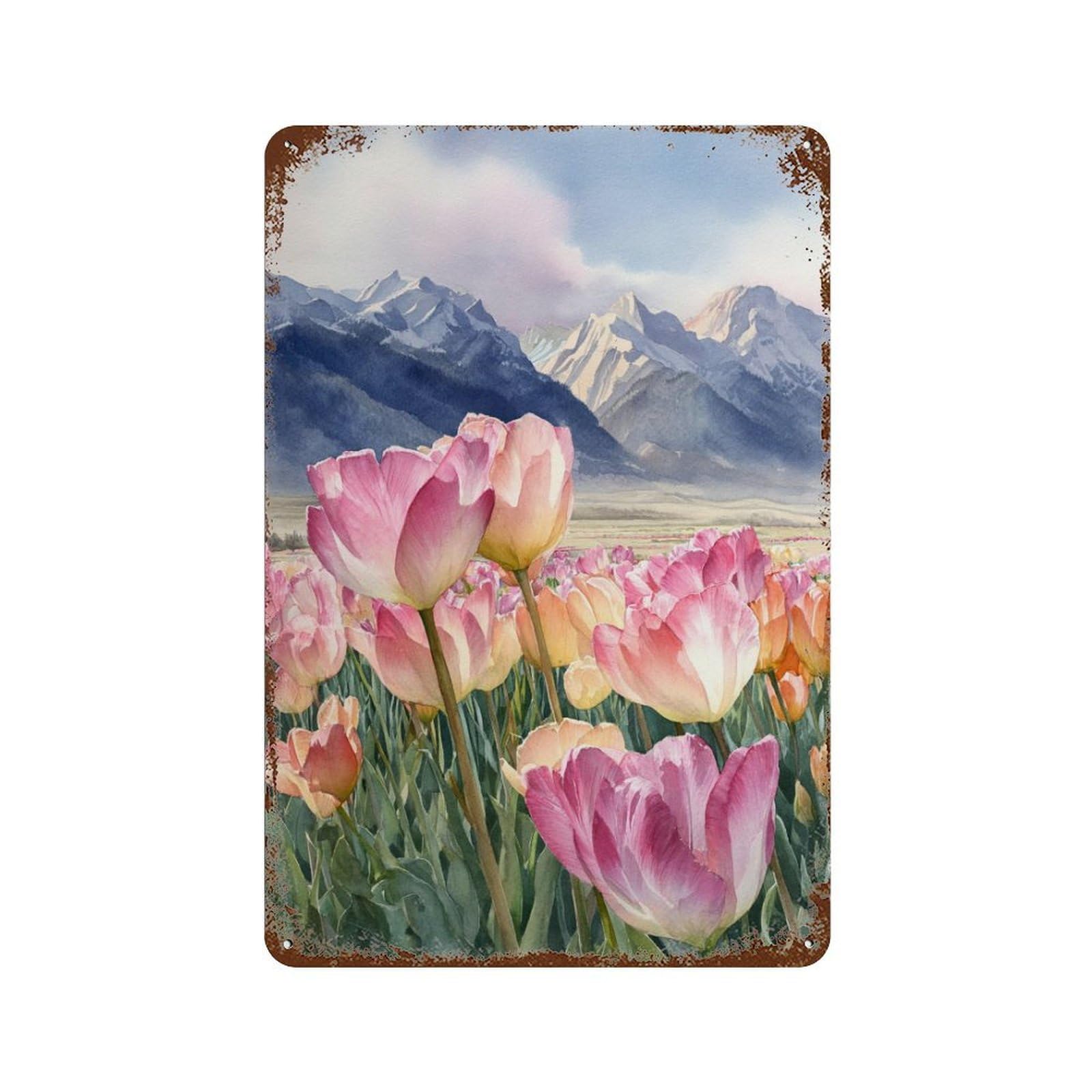 Tulips in Mountainscape Distressed Metal Wall Sign 11.8"x7.9", Rustic Home Decor for Living Room, Hallway And Home Decor