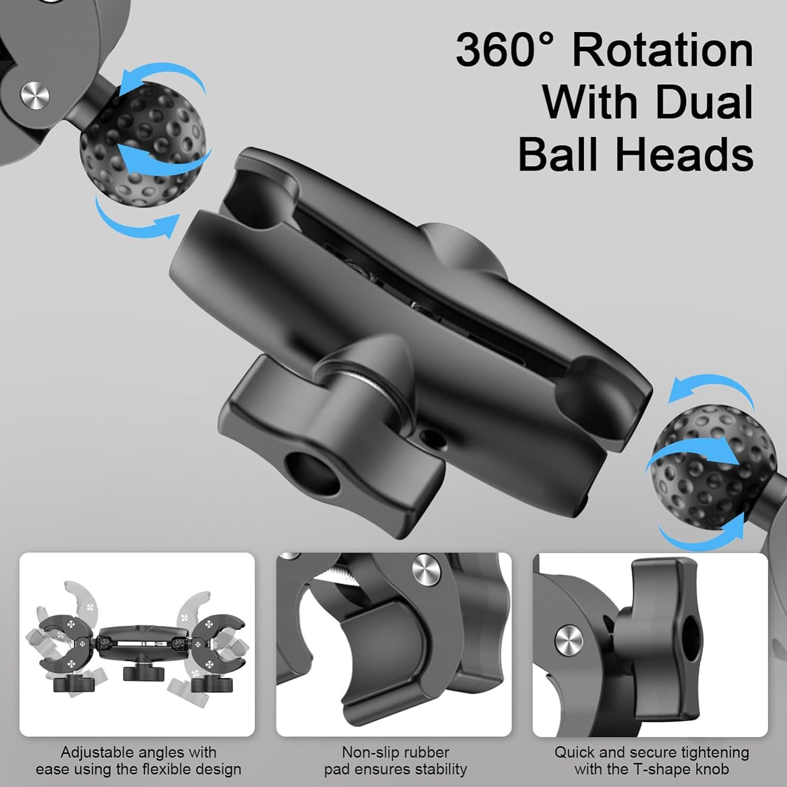 Supporto Action Camera, Morsetto di supporto per selfie moto, Supporto Morsetto per Fotocamera, Morsetto a Doppia Testa, per Gopro Insta360 OmbrelloTreppiede Supporto di Luci Bici Manubrio