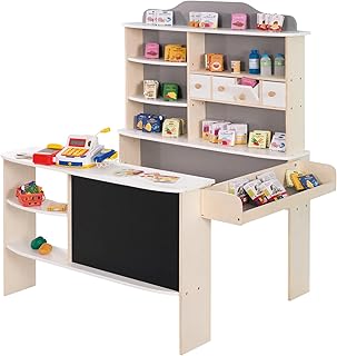 Roba - Tienda de campaña (incluye accesorios, color natural, blanco/gris, 4 cajones, reloj, pizarra, mostrador y mostrador lateral)