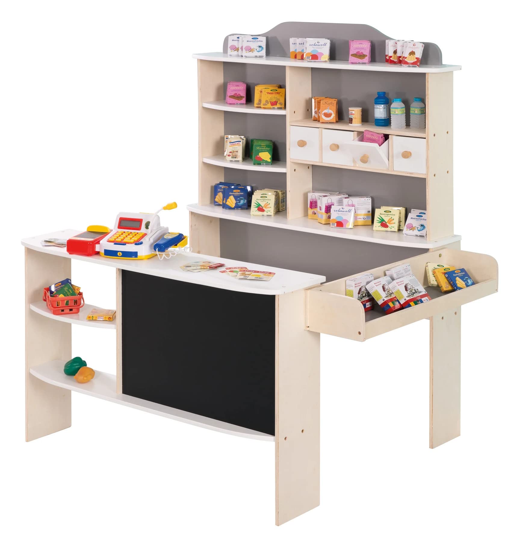 roba Kaufladen, inkl. Zubehör, natur, weiß/grau, 4 Schubladen, Uhr, Tafel, Theke & Seitentheke