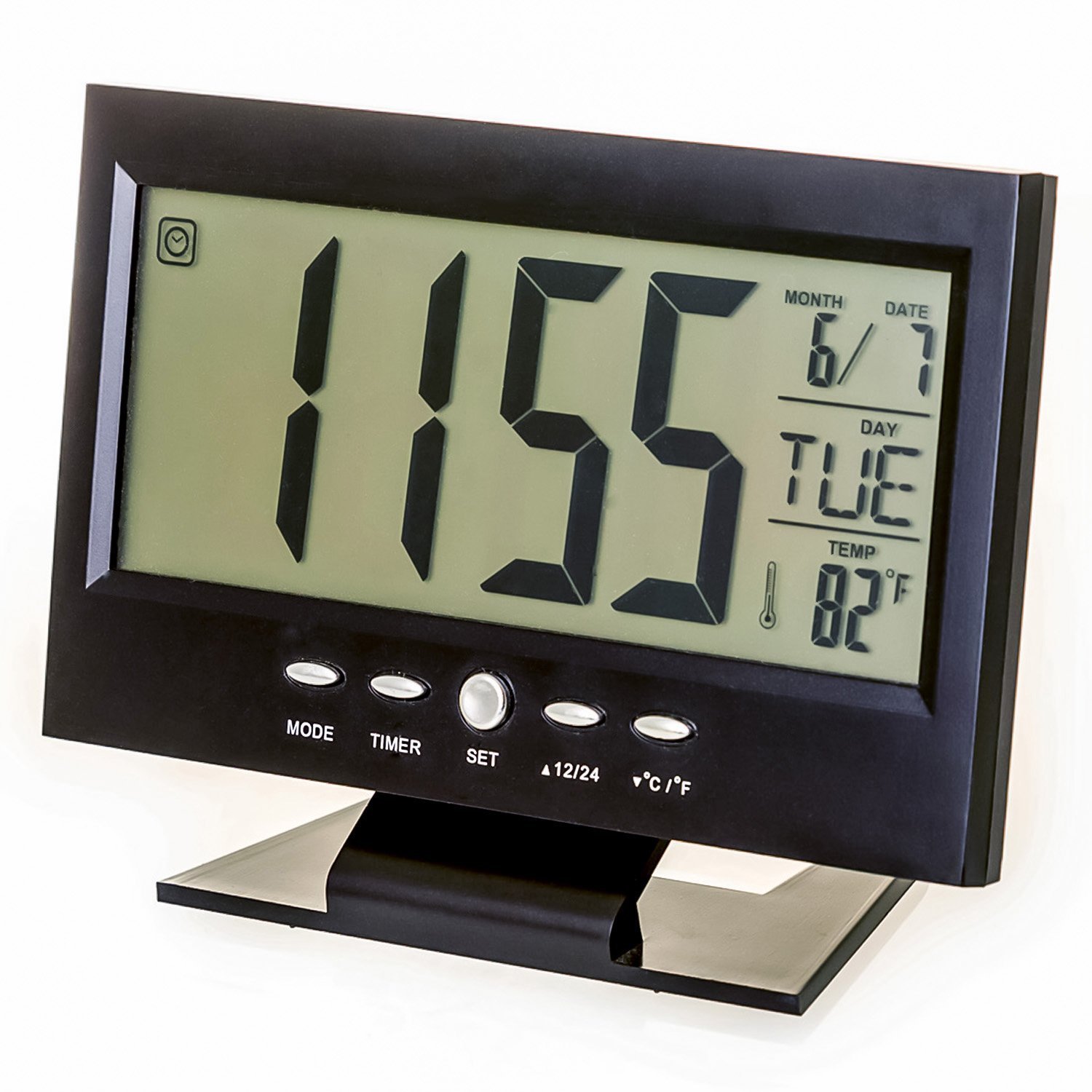 Modern Digital Alarm Clock By 3Digital | Elegant Black Design | Large LCD Digital Display With LED Light | Compact & Robust Alarm Clock | Date, Day & Temperature Display | Timer & Snooze Buttons