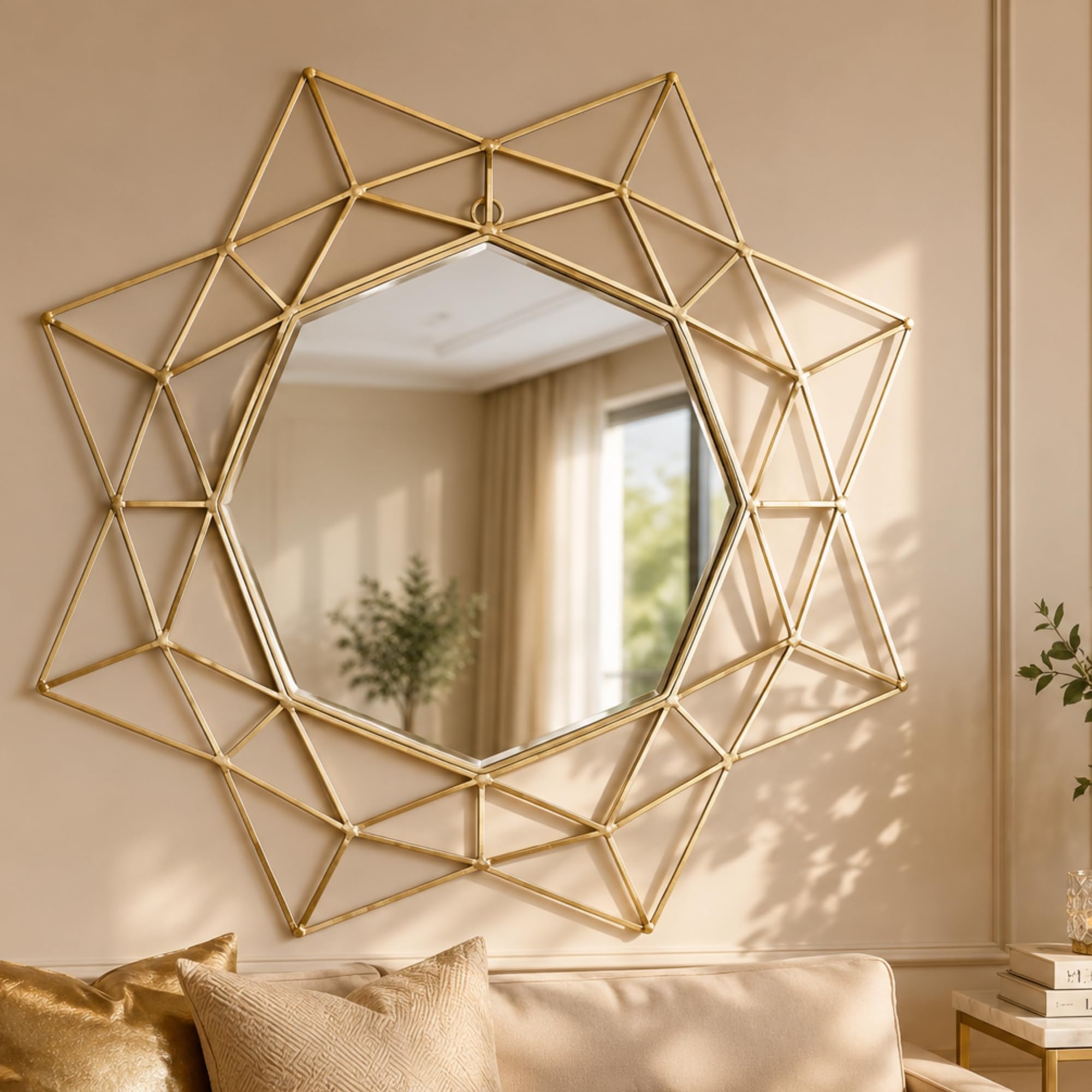 Gold Geometric Starburst Metal Wall Mirror | Modern Decorative Wall Mirror for Living Room, Bedroom, Hallway & Entryway | Luxury Gold Wall Décor Mirror-image-0