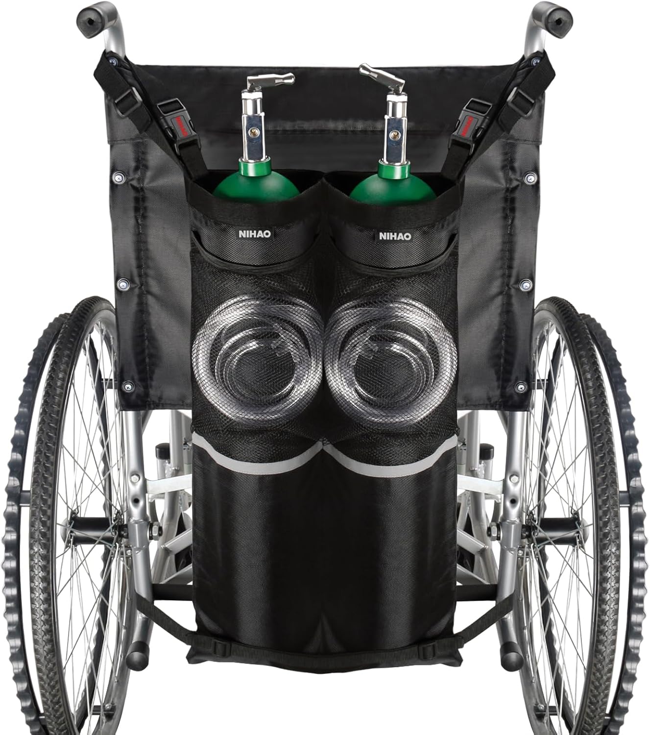 NIHAO Dual Oxygen Tank Holder for Wheelchiars, Oxygen Cylinder Bag with Adjustable Zippers and Mesh Storage Pockets, Portable Wheelchair Attachment for Oxygen Fits Most Oxygen Cylinders, Black