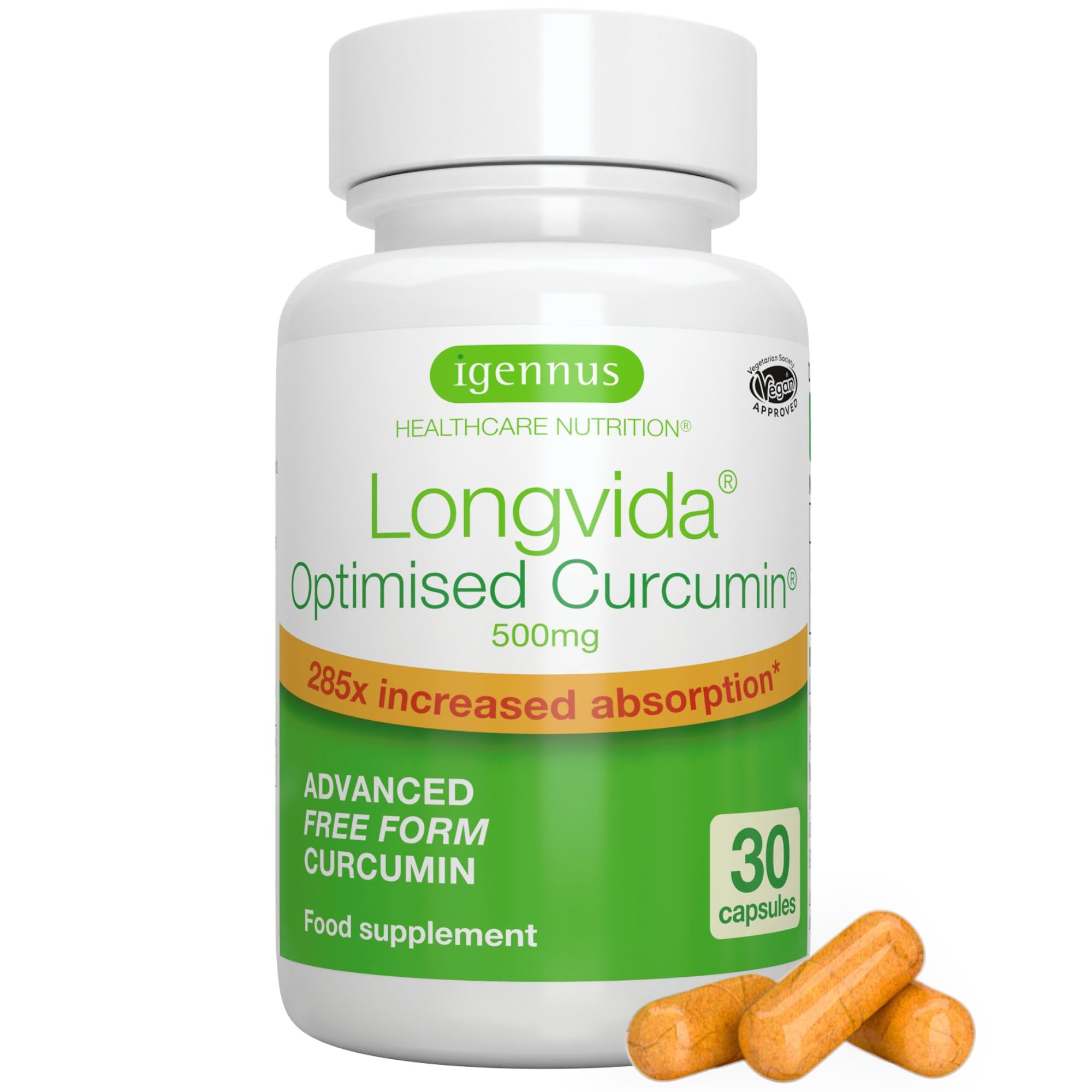 Longvida Curcumin 500 mg, hochdosiert, 285x höhere Bioverfügbarkeit als standard Kurkumin, sichere Langzeitanwendung, vegan, 30 Kapseln