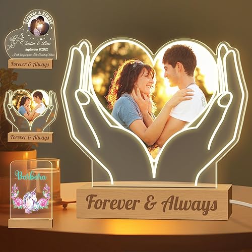 XJone Luz nocturna con foto personalizada, lámpara LED personalizada con nombre de corazón, lámpara acrílica personalizada con imagen de regalo para