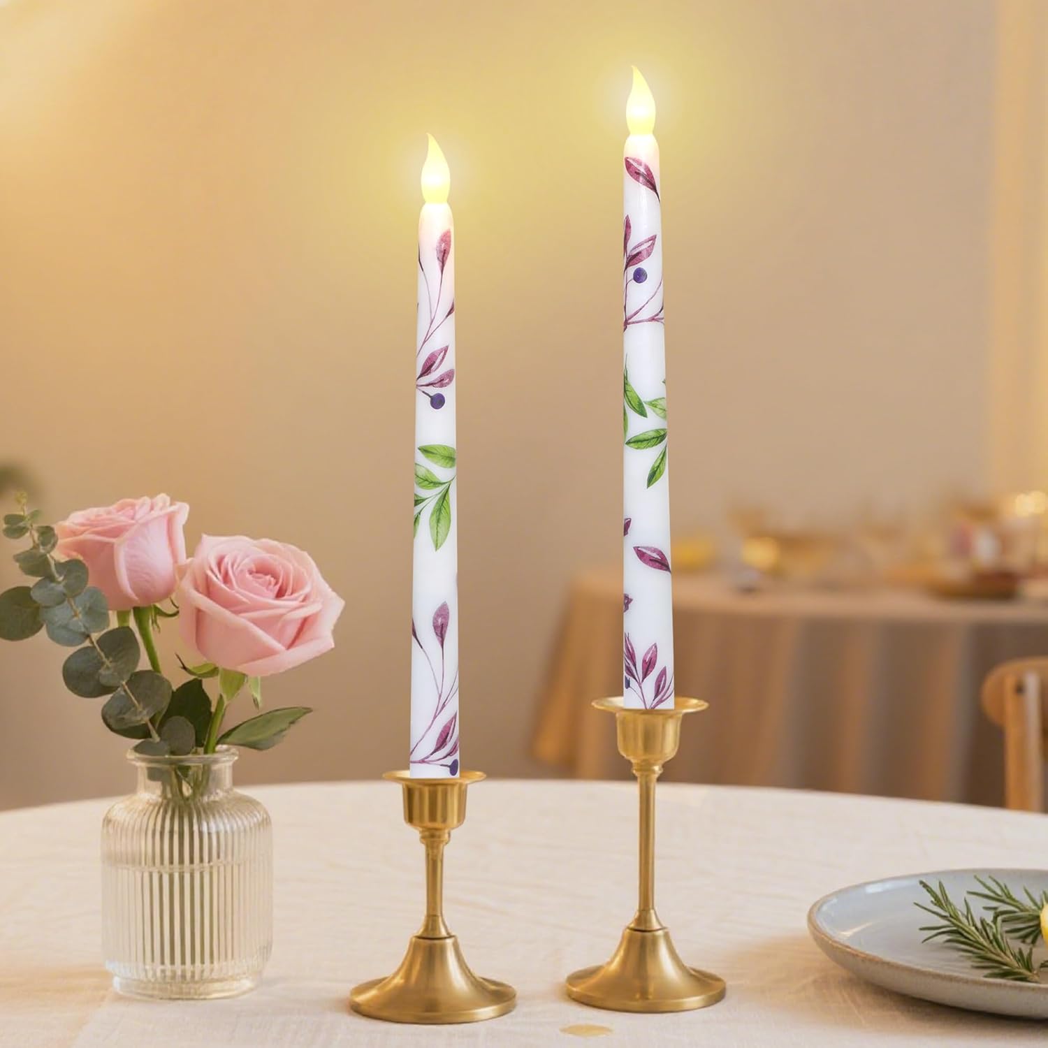 Flameless Taper Candles Real Wax White LED Flickering Flameless Candlesticks Aesthetics Decor Battery Operated with Remote Timer Dripless Window Fireplace Candles Set of 2 for Fall Christmas Halloween