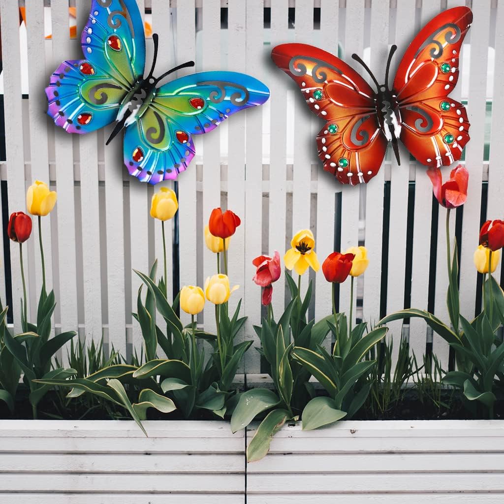 Miyolo 2 Pcs Metal Butterflies Fence Yard Art Garden Decor, 14" Large Butterfly for Outdoor Patio Backyard Balcony Sculpture, Colorful